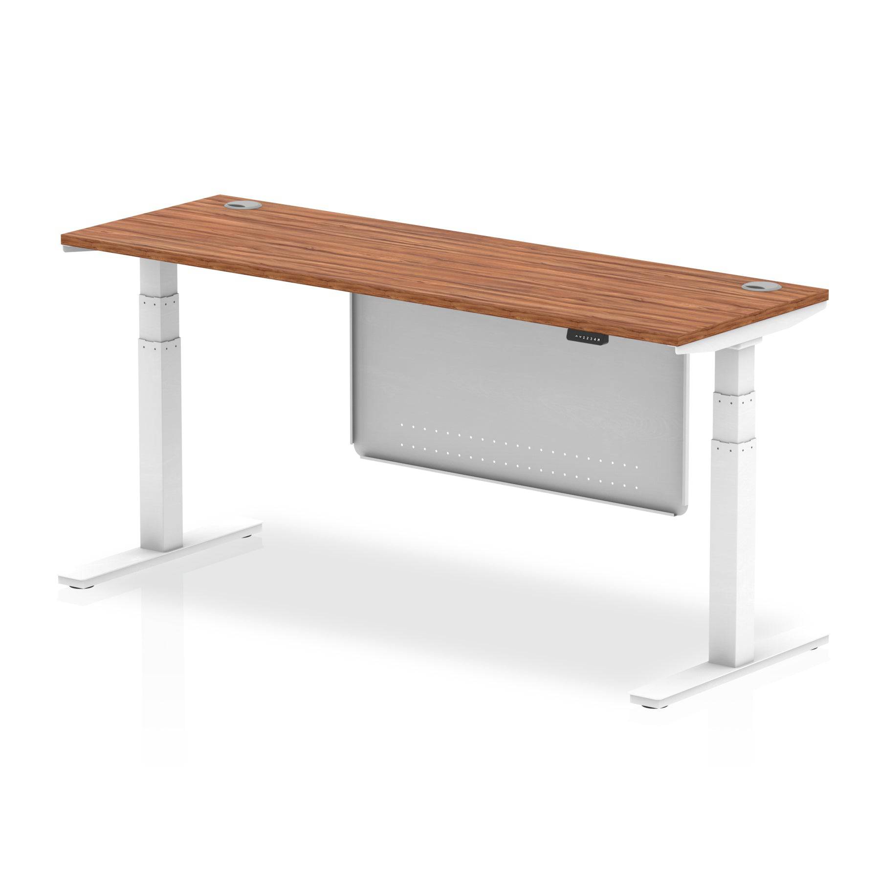 Air Modesty 600mm Height Adjustable Office Desk Walnut Top Cable Ports White Leg With White Steel Modesty Panel - Price Crash Furniture