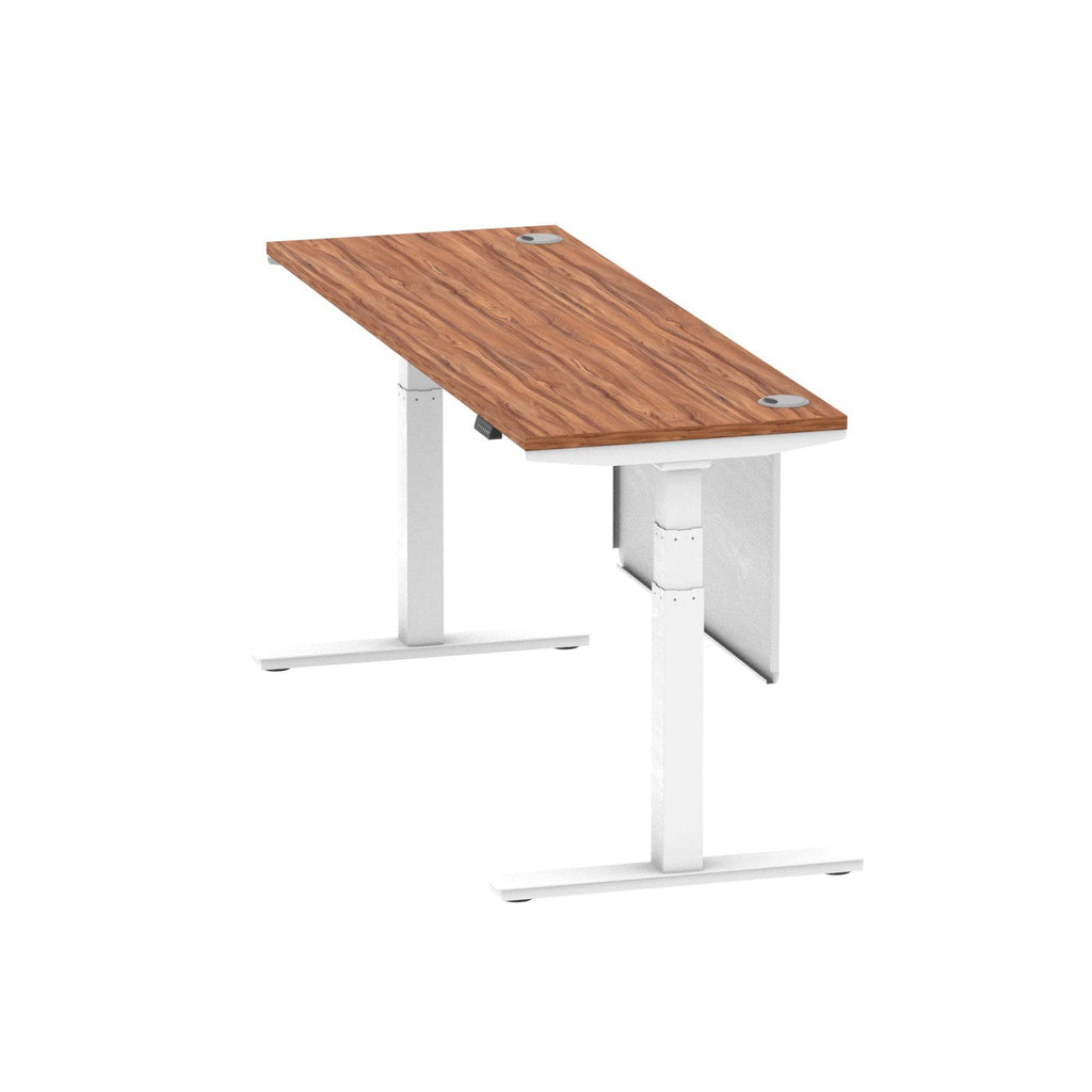 Air Modesty 600mm Height Adjustable Office Desk Walnut Top Cable Ports White Leg With White Steel Modesty Panel - Price Crash Furniture