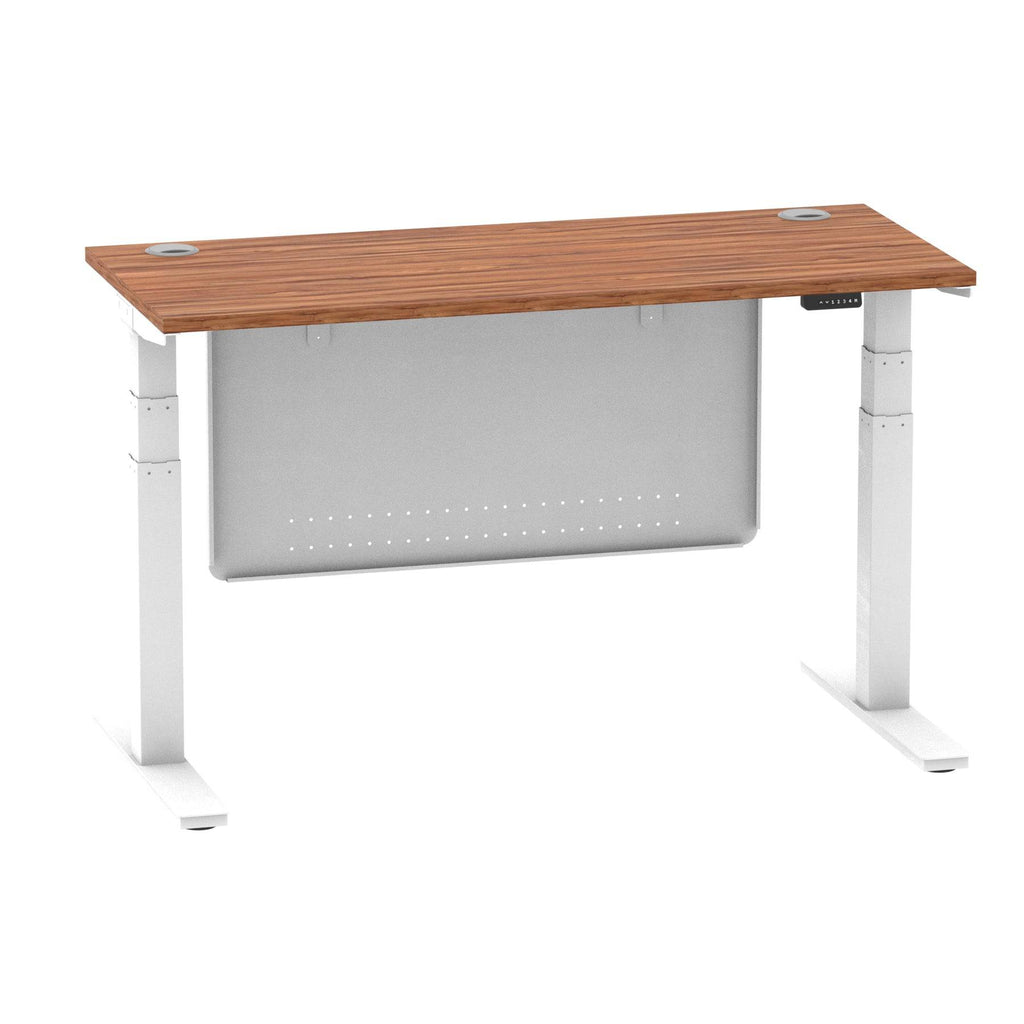 Air Modesty 600mm Height Adjustable Office Desk Walnut Top Cable Ports White Leg With White Steel Modesty Panel - Price Crash Furniture