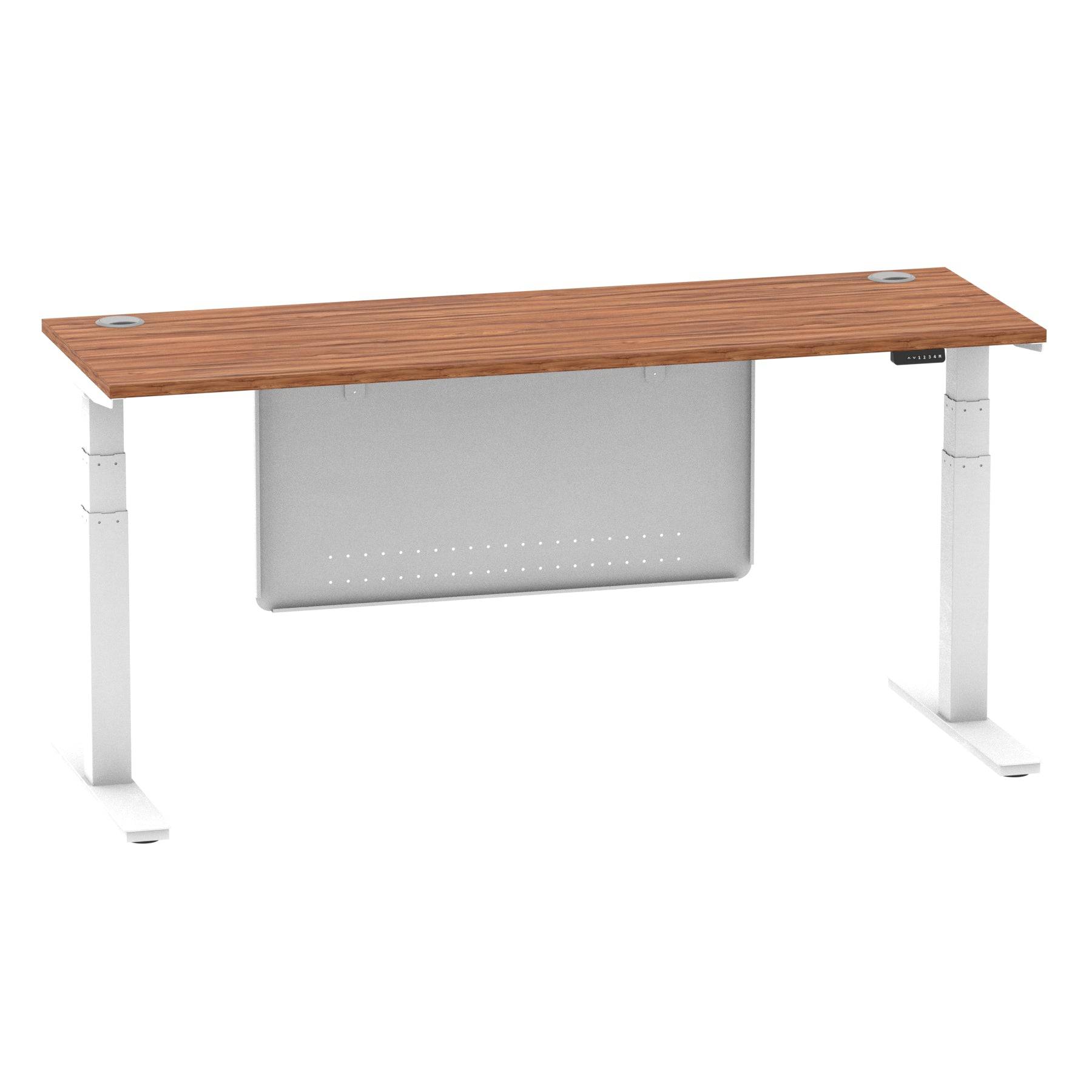 Air Modesty 600mm Height Adjustable Office Desk Walnut Top Cable Ports White Leg With White Steel Modesty Panel - Price Crash Furniture