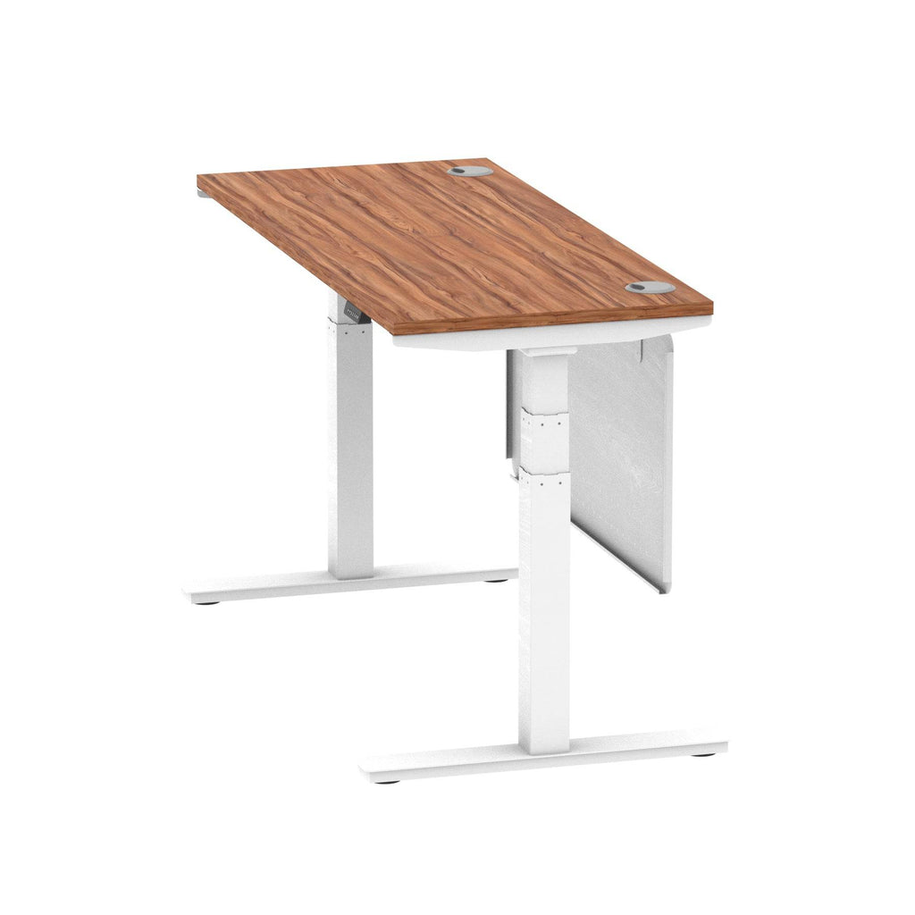 Air Modesty 600mm Height Adjustable Office Desk Walnut Top Cable Ports White Leg With White Steel Modesty Panel - Price Crash Furniture