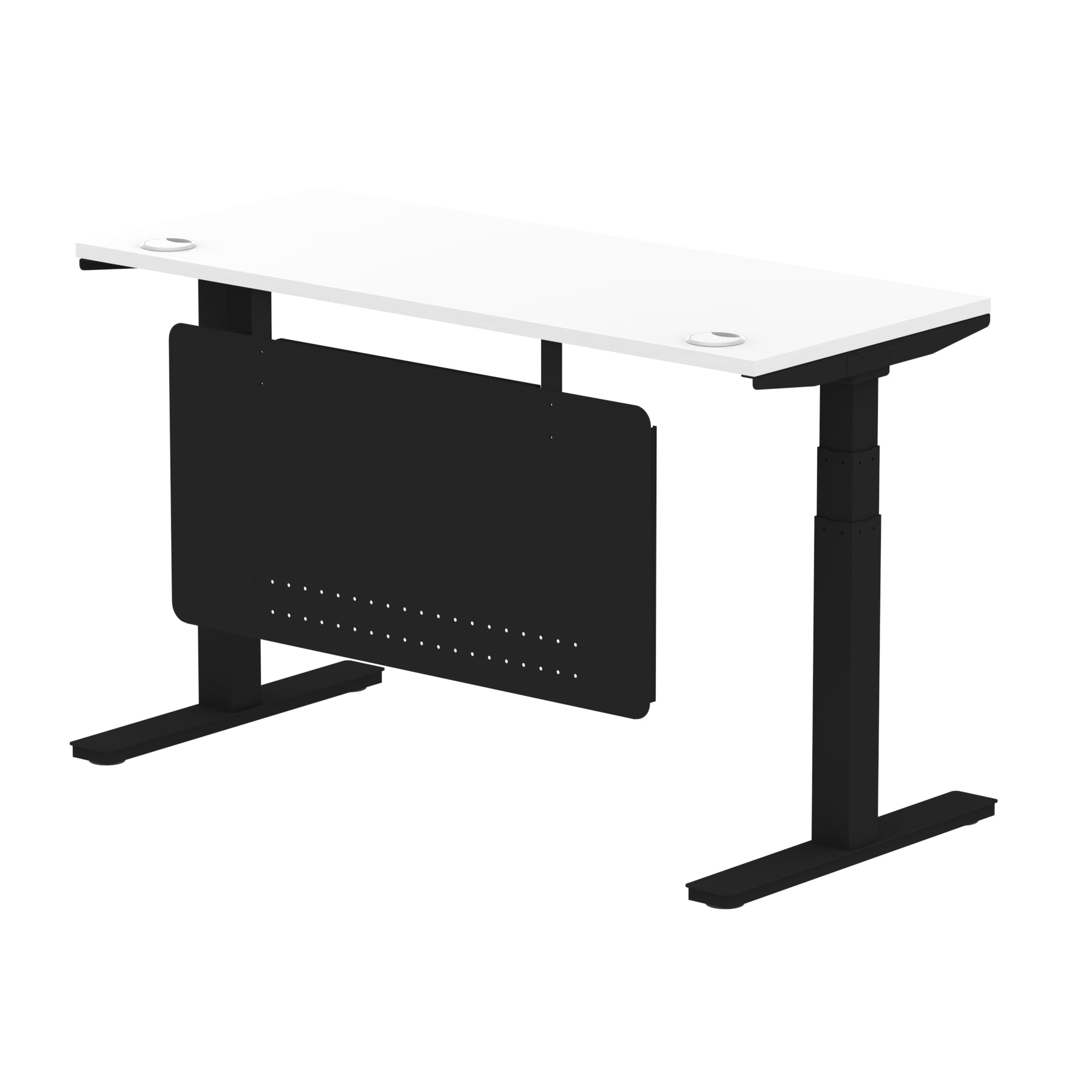 Air Modesty 600mm Height Adjustable Office Desk White Top Cable Ports Black Leg With Black Steel Modesty Panel - Price Crash Furniture