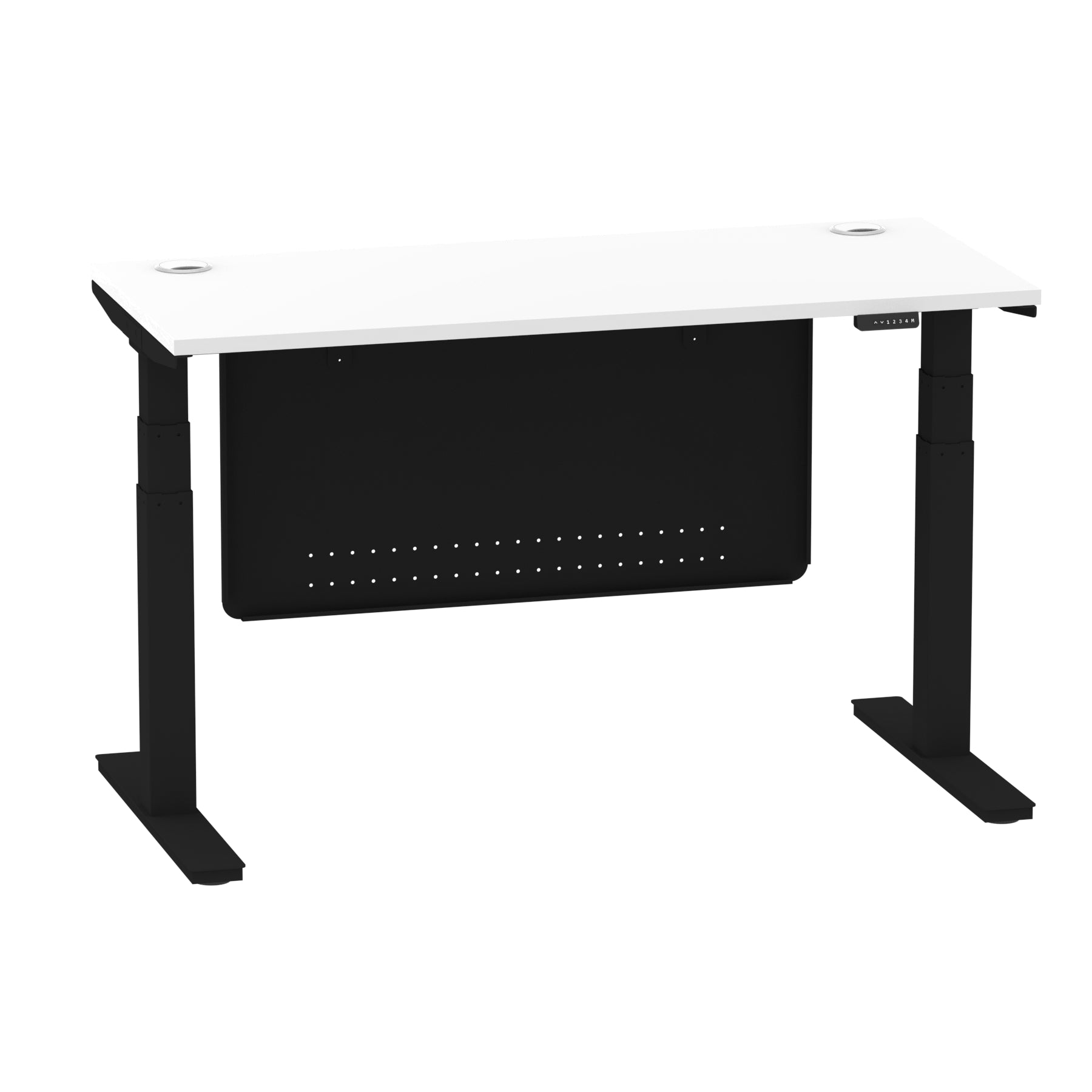 Air Modesty 600mm Height Adjustable Office Desk White Top Cable Ports Black Leg With Black Steel Modesty Panel - Price Crash Furniture