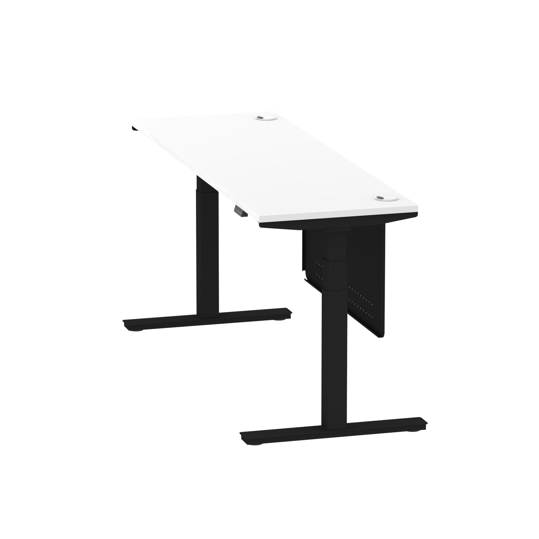 Air Modesty 600mm Height Adjustable Office Desk White Top Cable Ports Black Leg With Black Steel Modesty Panel - Price Crash Furniture