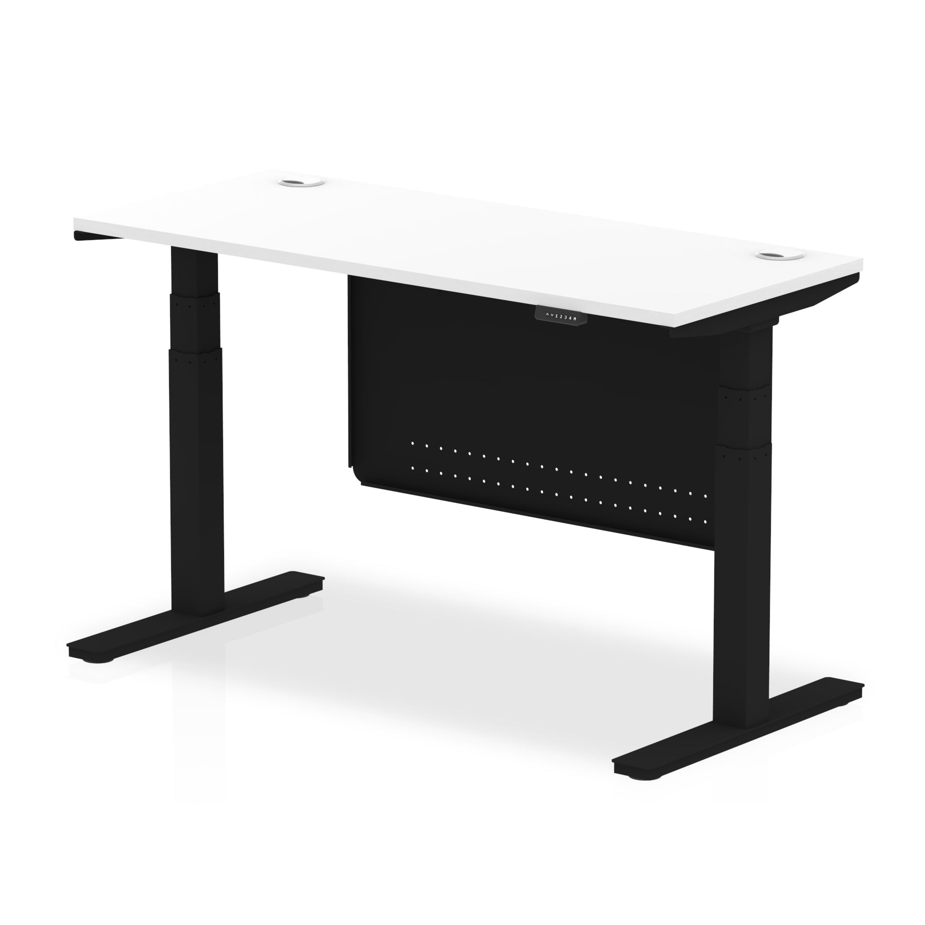 Air Modesty 600mm Height Adjustable Office Desk White Top Cable Ports Black Leg With Black Steel Modesty Panel - Price Crash Furniture