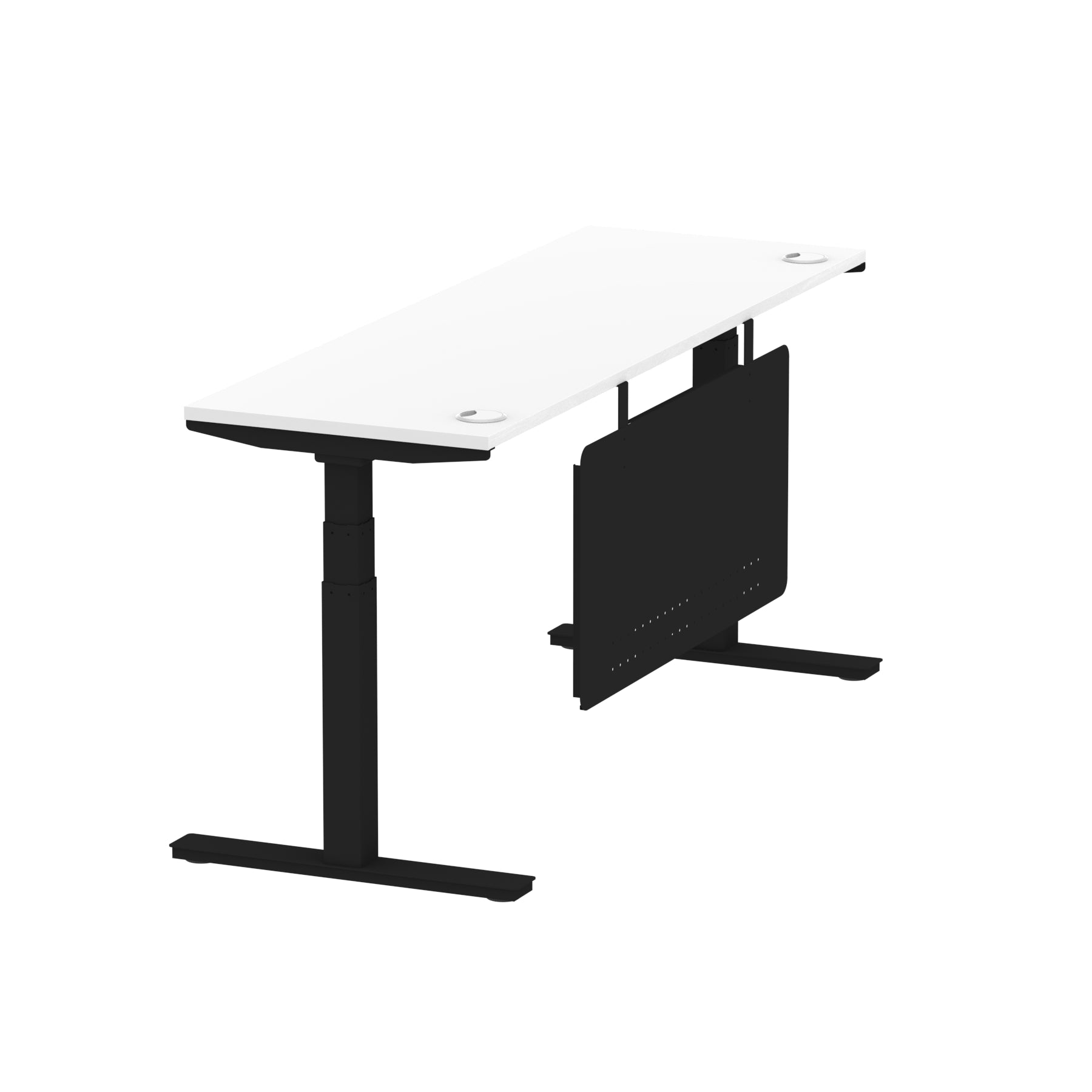 Air Modesty 600mm Height Adjustable Office Desk White Top Cable Ports Black Leg With Black Steel Modesty Panel - Price Crash Furniture