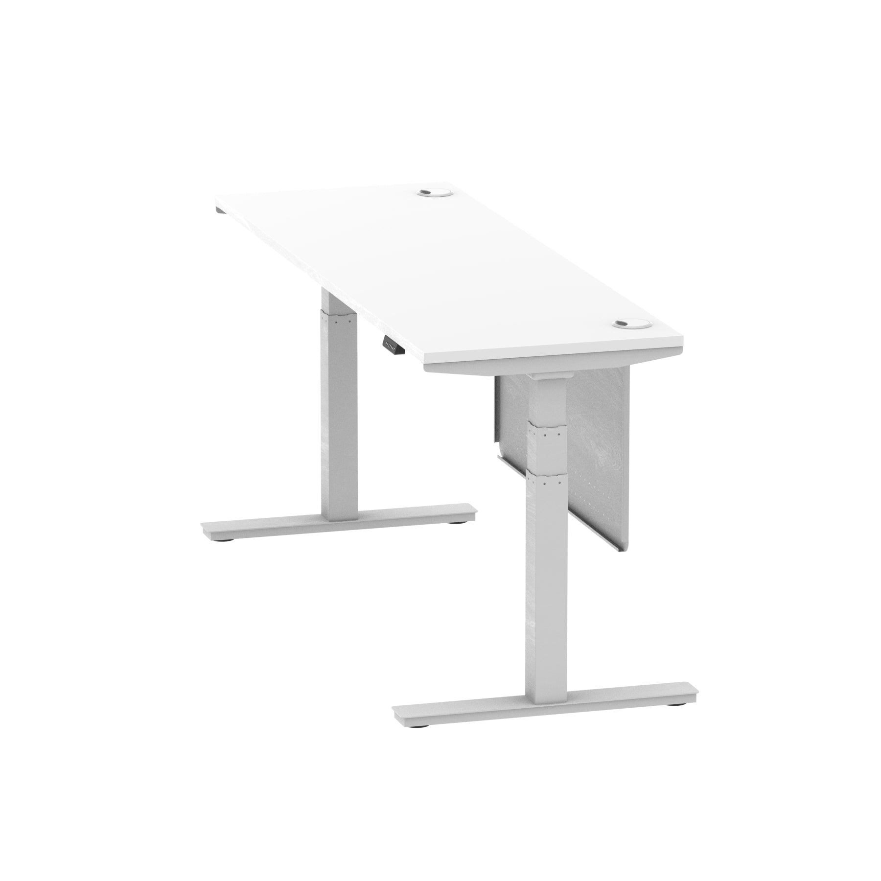 Air Modesty 600mm Height Adjustable Office Desk White Top Cable Ports Silver Leg With Silver Steel Modesty Panel - Price Crash Furniture