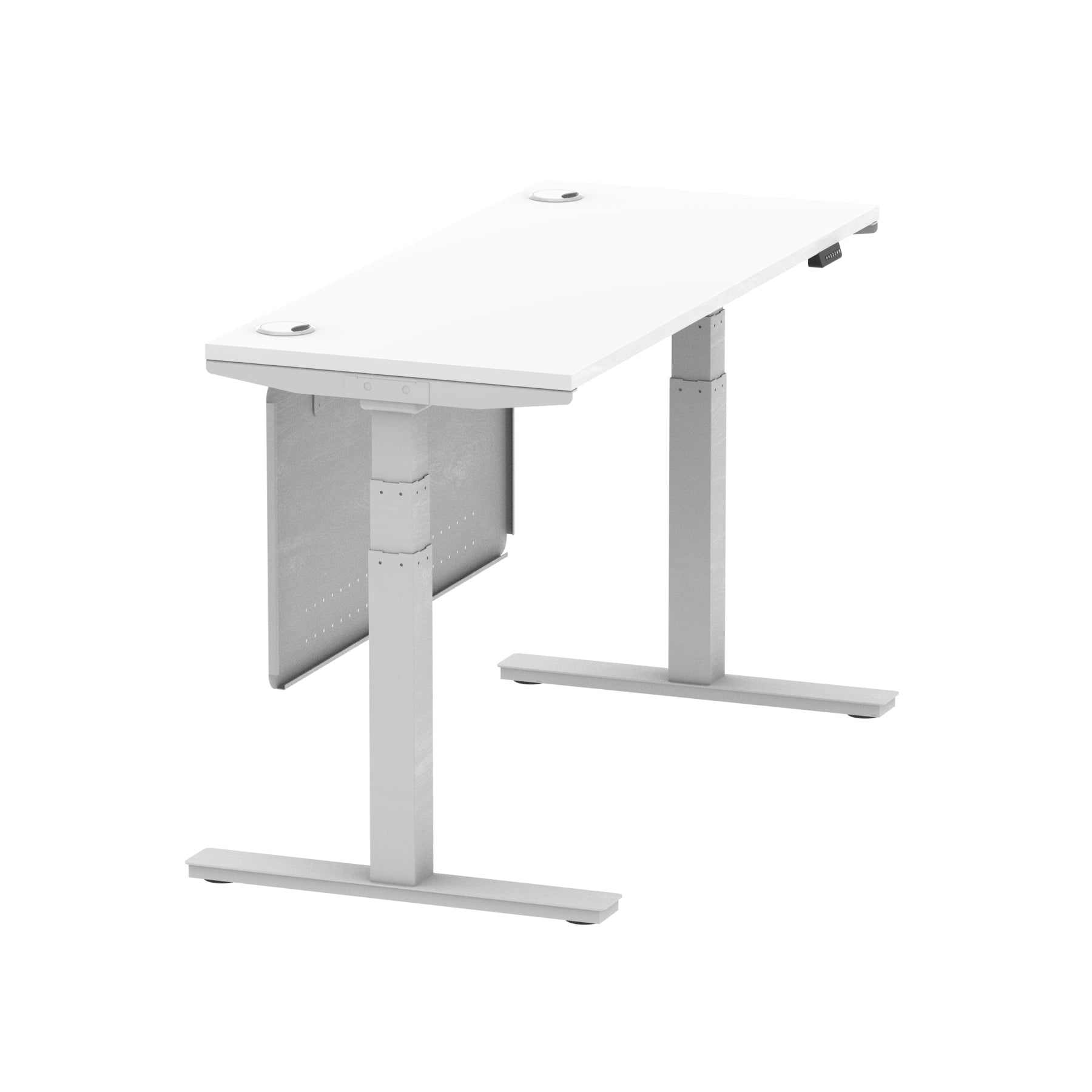 Air Modesty 600mm Height Adjustable Office Desk White Top Cable Ports Silver Leg With Silver Steel Modesty Panel - Price Crash Furniture