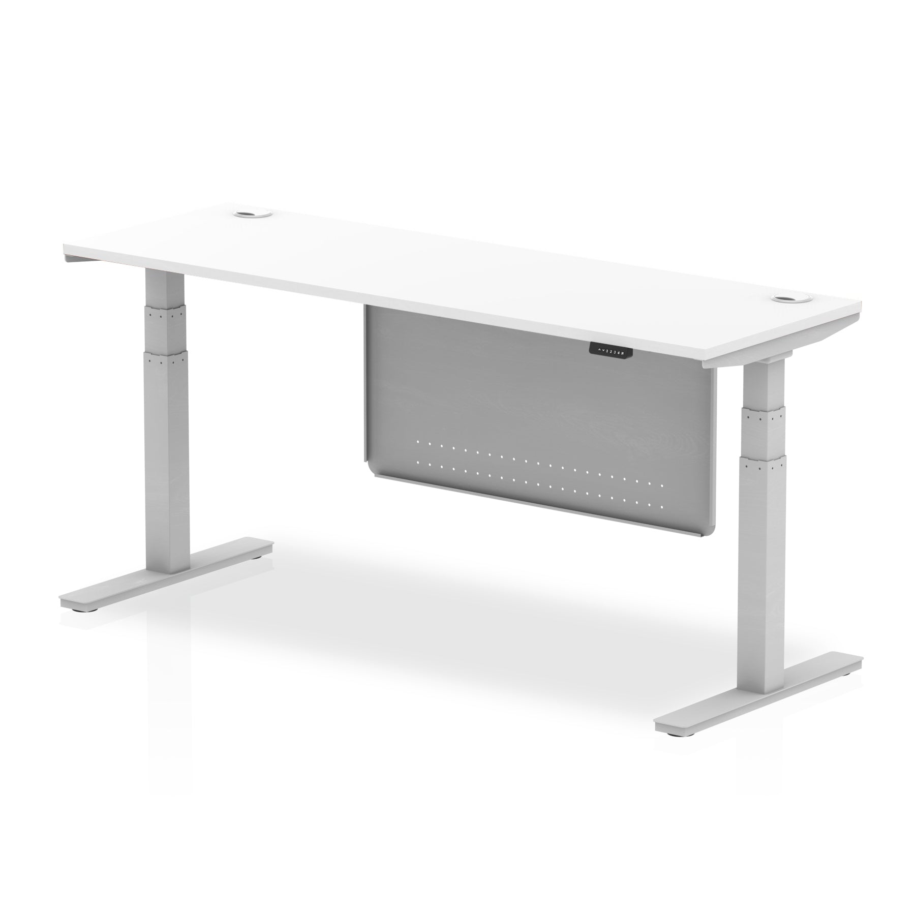 Air Modesty 600mm Height Adjustable Office Desk White Top Cable Ports Silver Leg With Silver Steel Modesty Panel - Price Crash Furniture