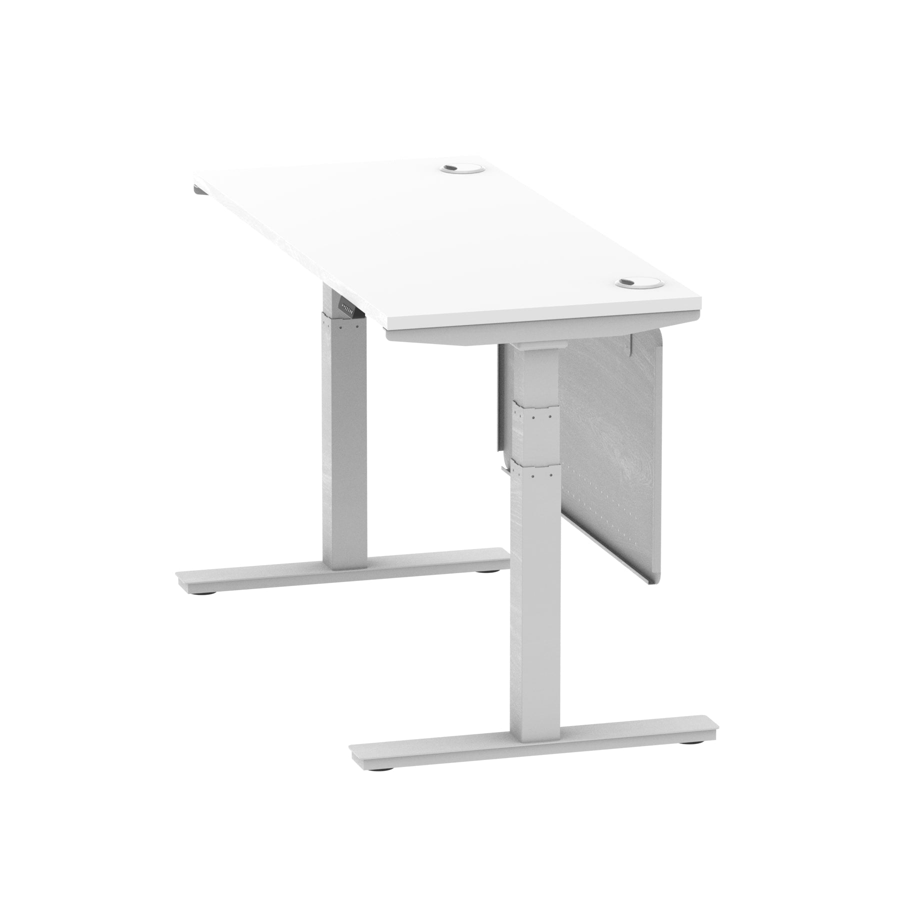 Air Modesty 600mm Height Adjustable Office Desk White Top Cable Ports Silver Leg With Silver Steel Modesty Panel - Price Crash Furniture