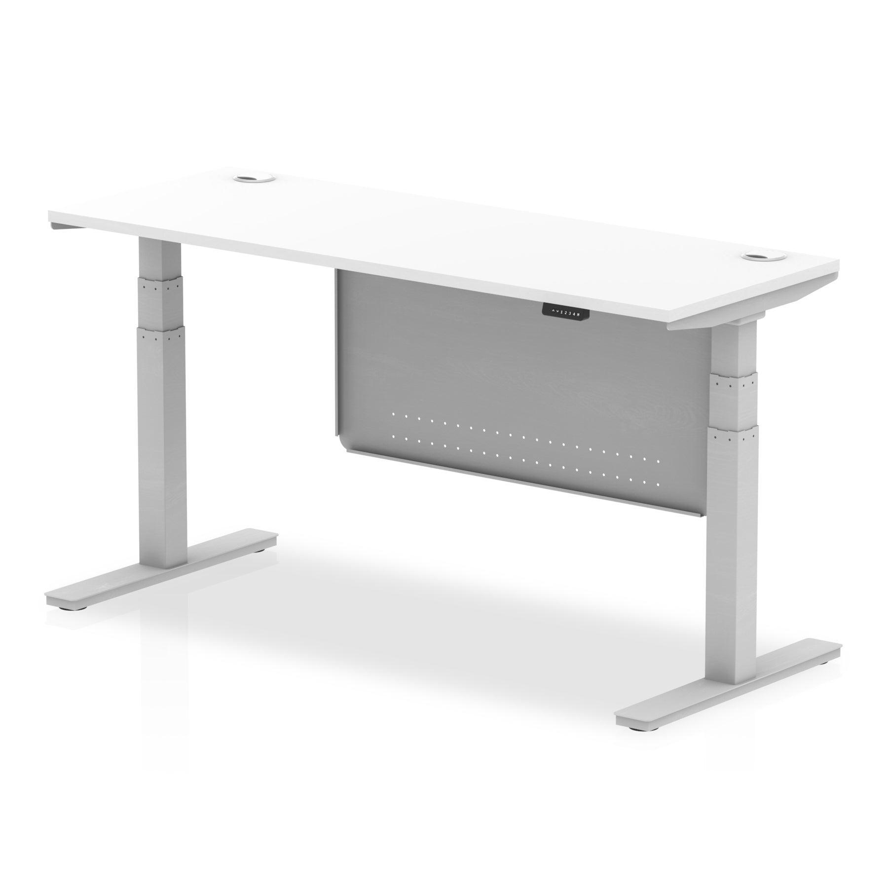 Air Modesty 600mm Height Adjustable Office Desk White Top Cable Ports Silver Leg With Silver Steel Modesty Panel - Price Crash Furniture