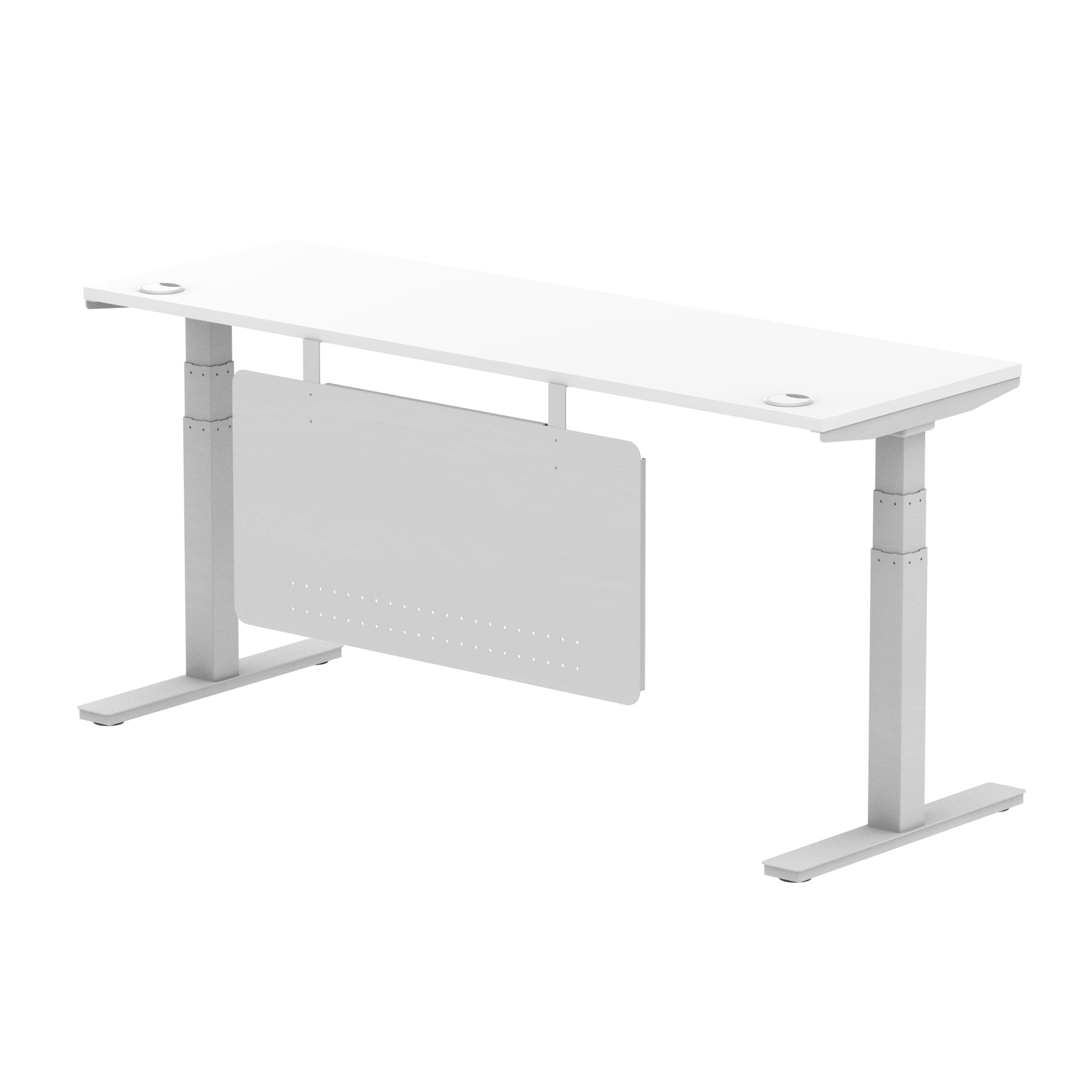 Air Modesty 600mm Height Adjustable Office Desk White Top Cable Ports Silver Leg With Silver Steel Modesty Panel - Price Crash Furniture