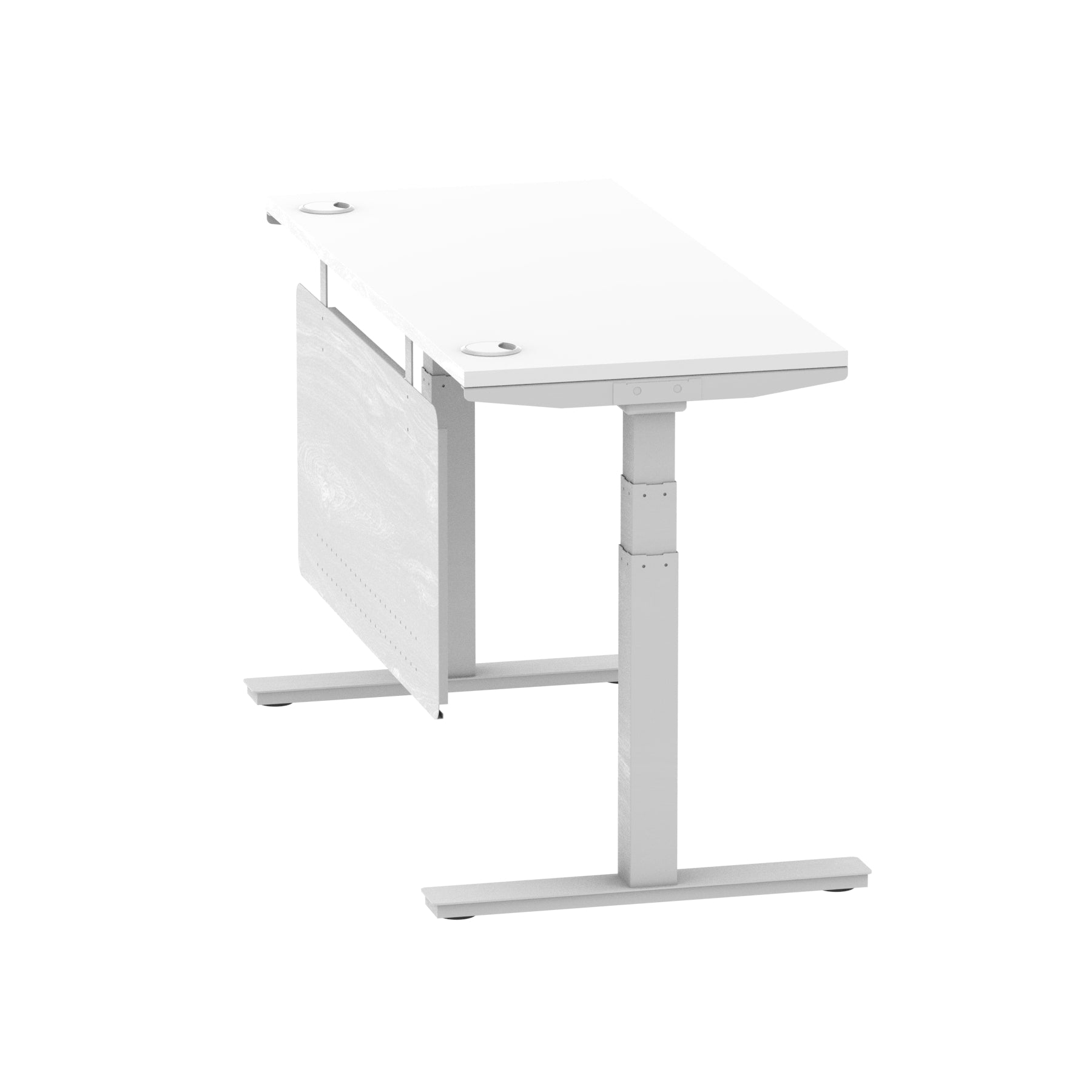 Air Modesty 600mm Height Adjustable Office Desk White Top Cable Ports Silver Leg With Silver Steel Modesty Panel - Price Crash Furniture