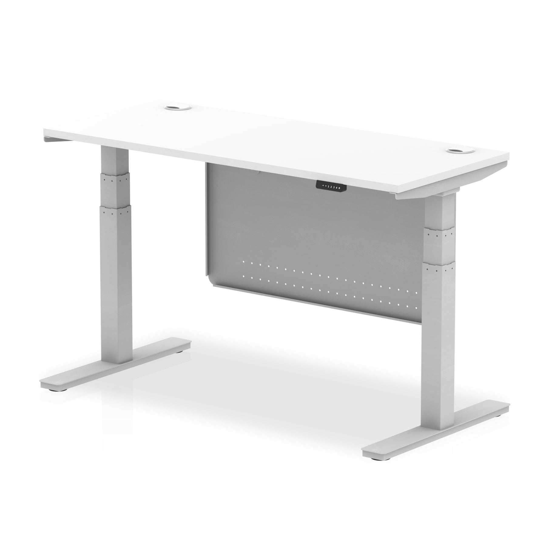 Air Modesty 600mm Height Adjustable Office Desk White Top Cable Ports Silver Leg With Silver Steel Modesty Panel - Price Crash Furniture