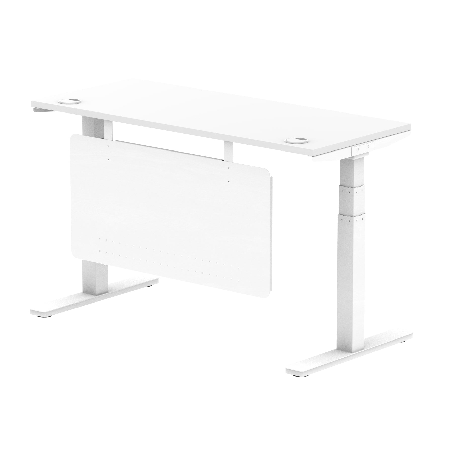 Air Modesty 600mm Height Adjustable Office Desk White Top Cable Ports White Leg With White Steel Modesty Panel - Price Crash Furniture