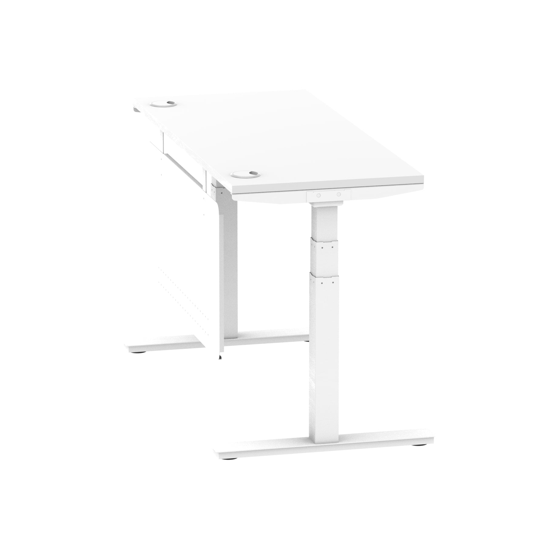 Air Modesty 600mm Height Adjustable Office Desk White Top Cable Ports White Leg With White Steel Modesty Panel - Price Crash Furniture