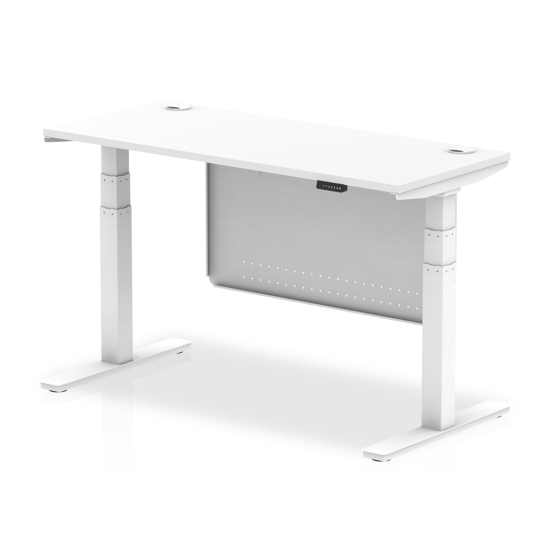 Air Modesty 600mm Height Adjustable Office Desk White Top Cable Ports White Leg With White Steel Modesty Panel - Price Crash Furniture