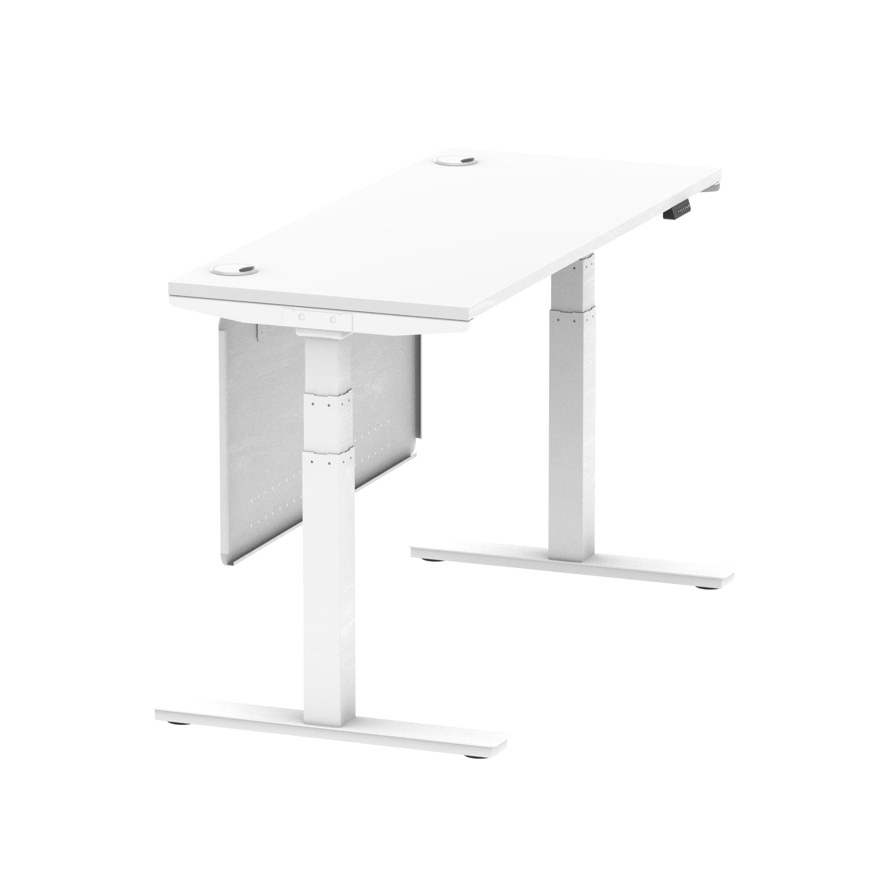 Air Modesty 600mm Height Adjustable Office Desk White Top Cable Ports White Leg With White Steel Modesty Panel - Price Crash Furniture