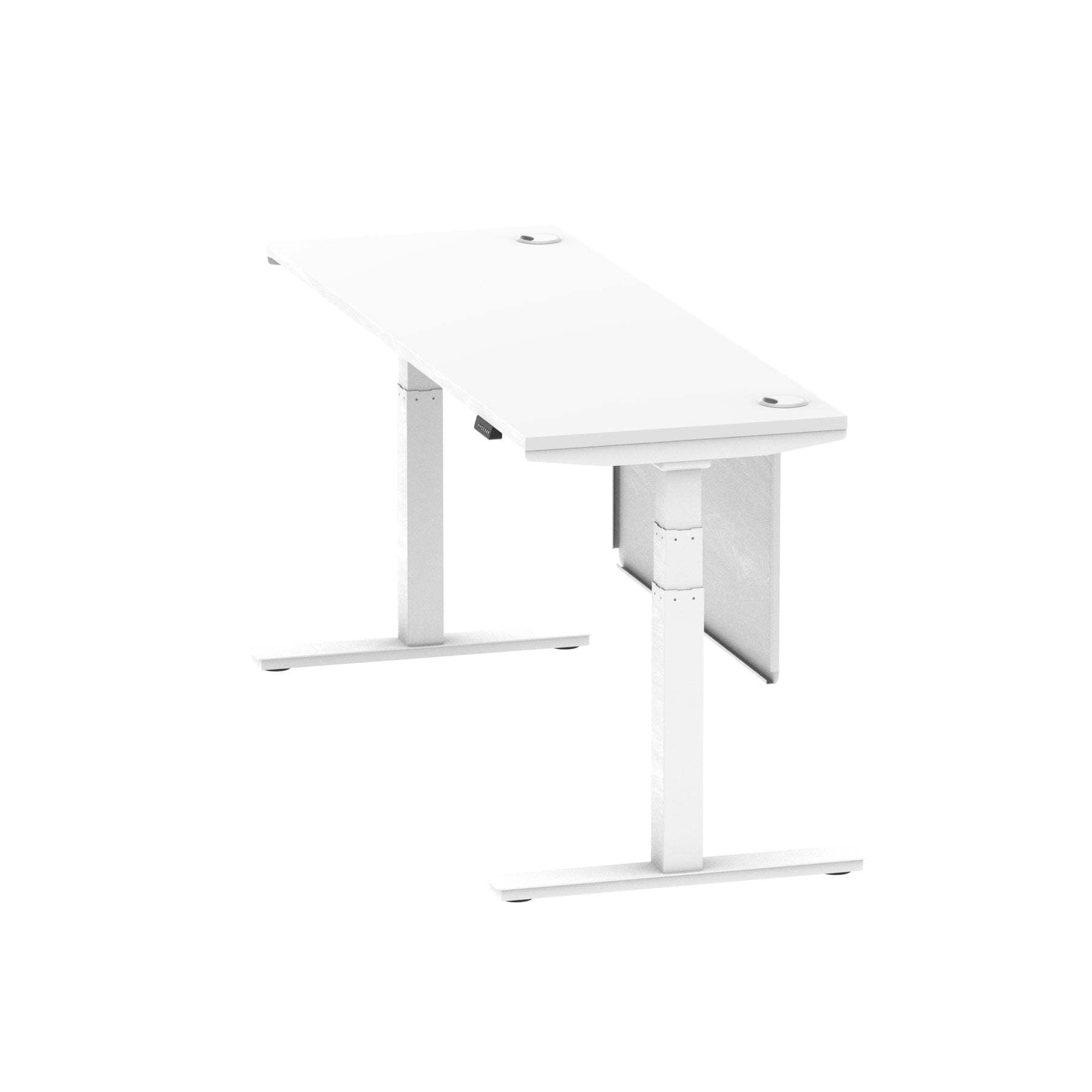 Air Modesty 600mm Height Adjustable Office Desk White Top Cable Ports White Leg With White Steel Modesty Panel - Price Crash Furniture