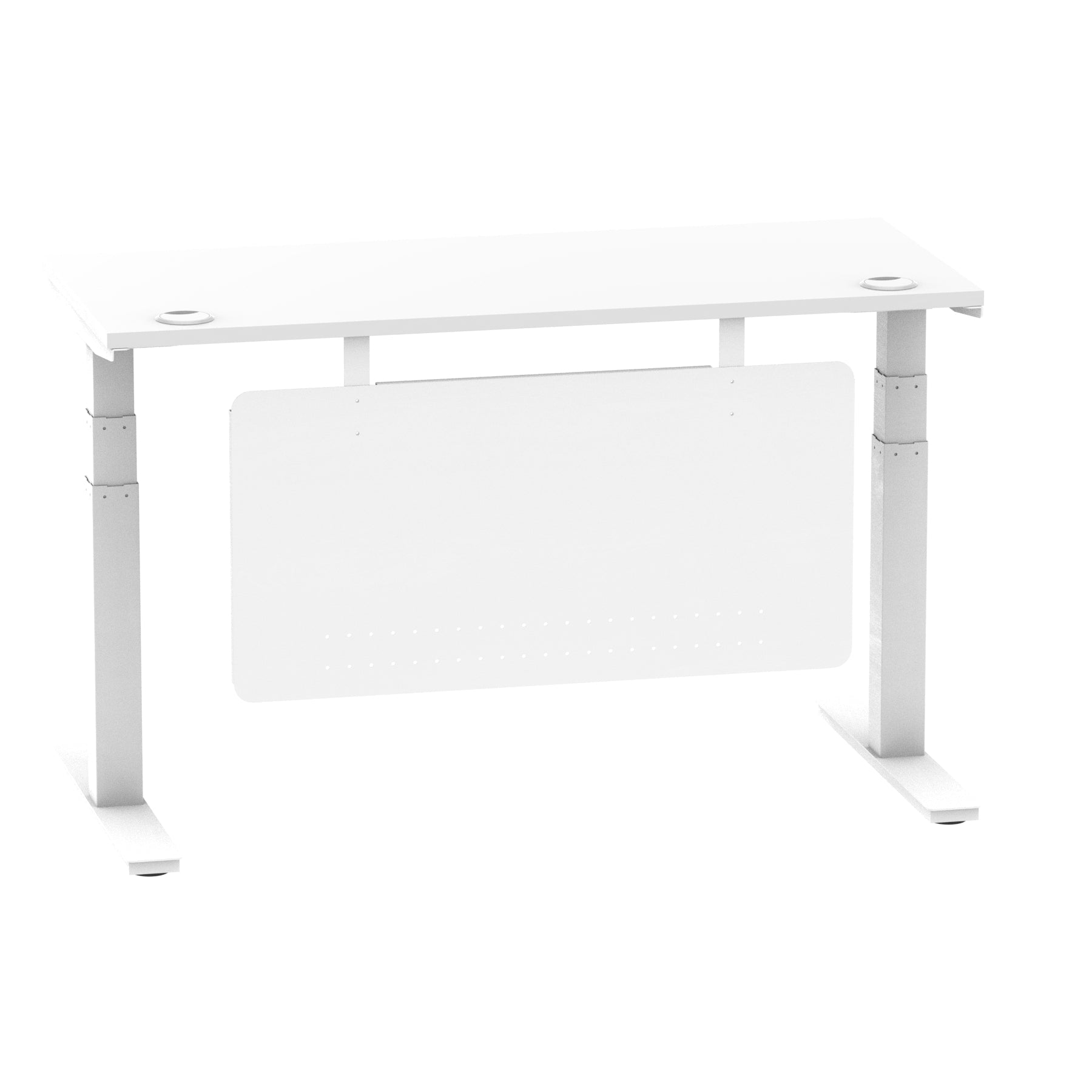 Air Modesty 600mm Height Adjustable Office Desk White Top Cable Ports White Leg With White Steel Modesty Panel - Price Crash Furniture