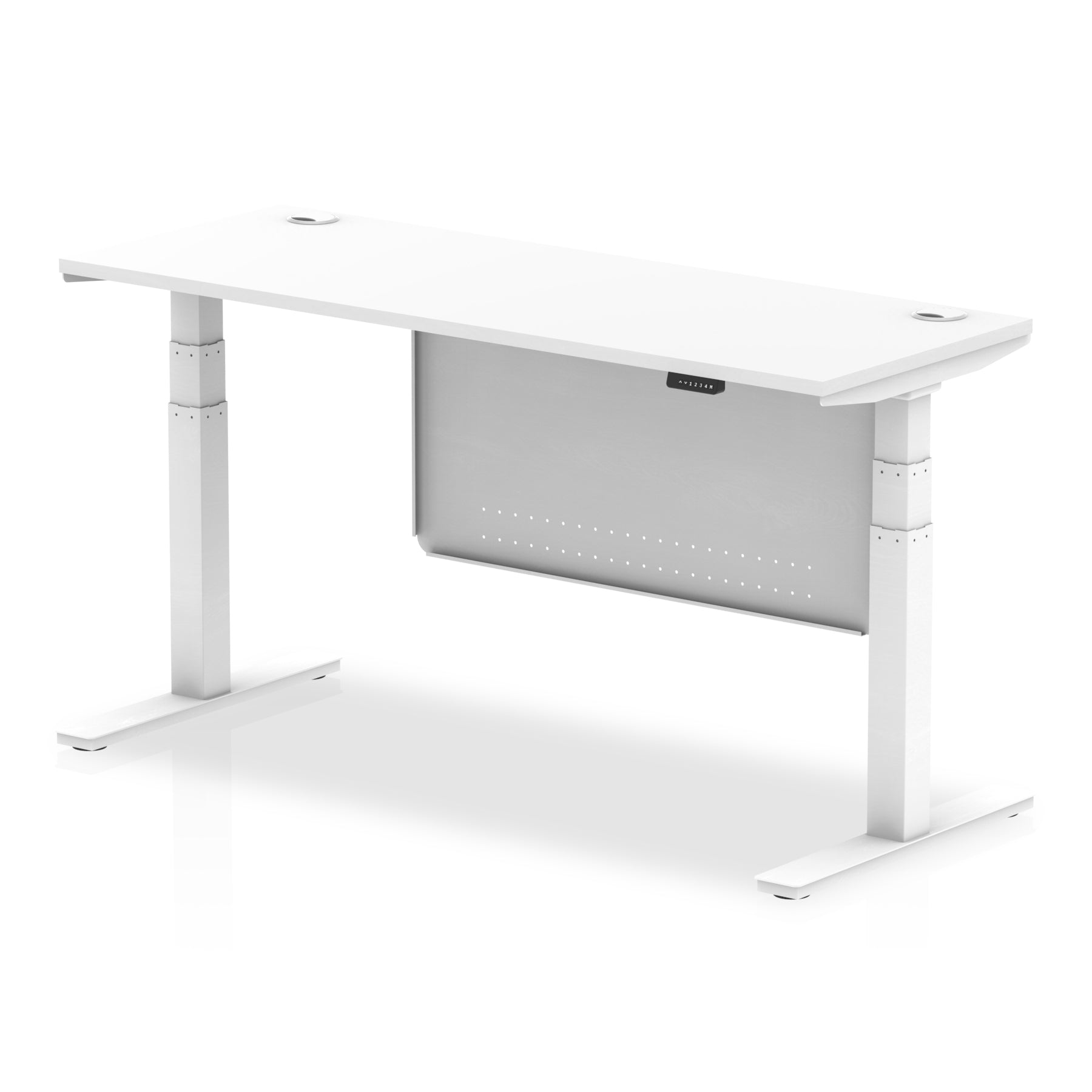 Air Modesty 600mm Height Adjustable Office Desk White Top Cable Ports White Leg With White Steel Modesty Panel - Price Crash Furniture