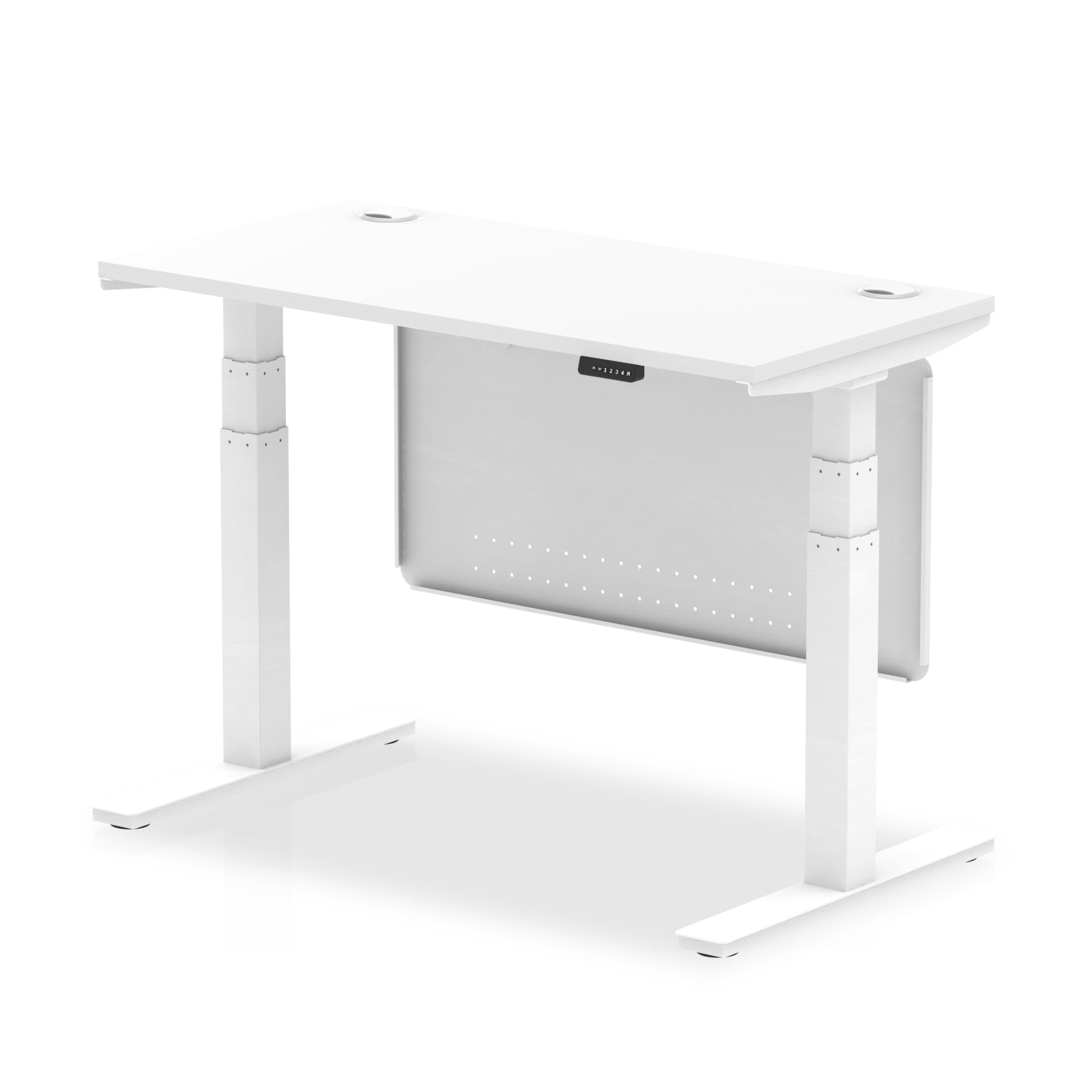 Air Modesty 600mm Height Adjustable Office Desk White Top Cable Ports White Leg With White Steel Modesty Panel - Price Crash Furniture