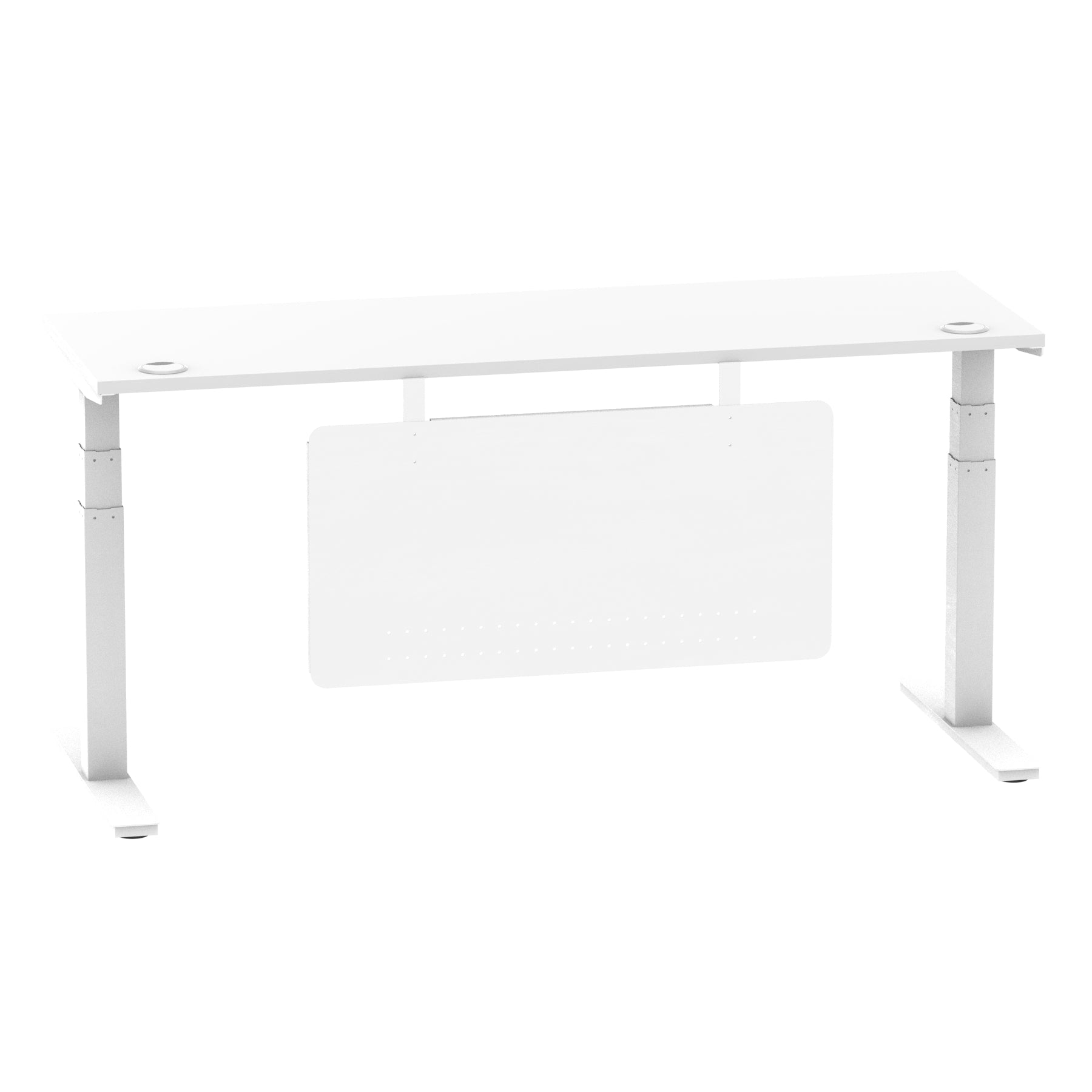 Air Modesty 600mm Height Adjustable Office Desk White Top Cable Ports White Leg With White Steel Modesty Panel - Price Crash Furniture