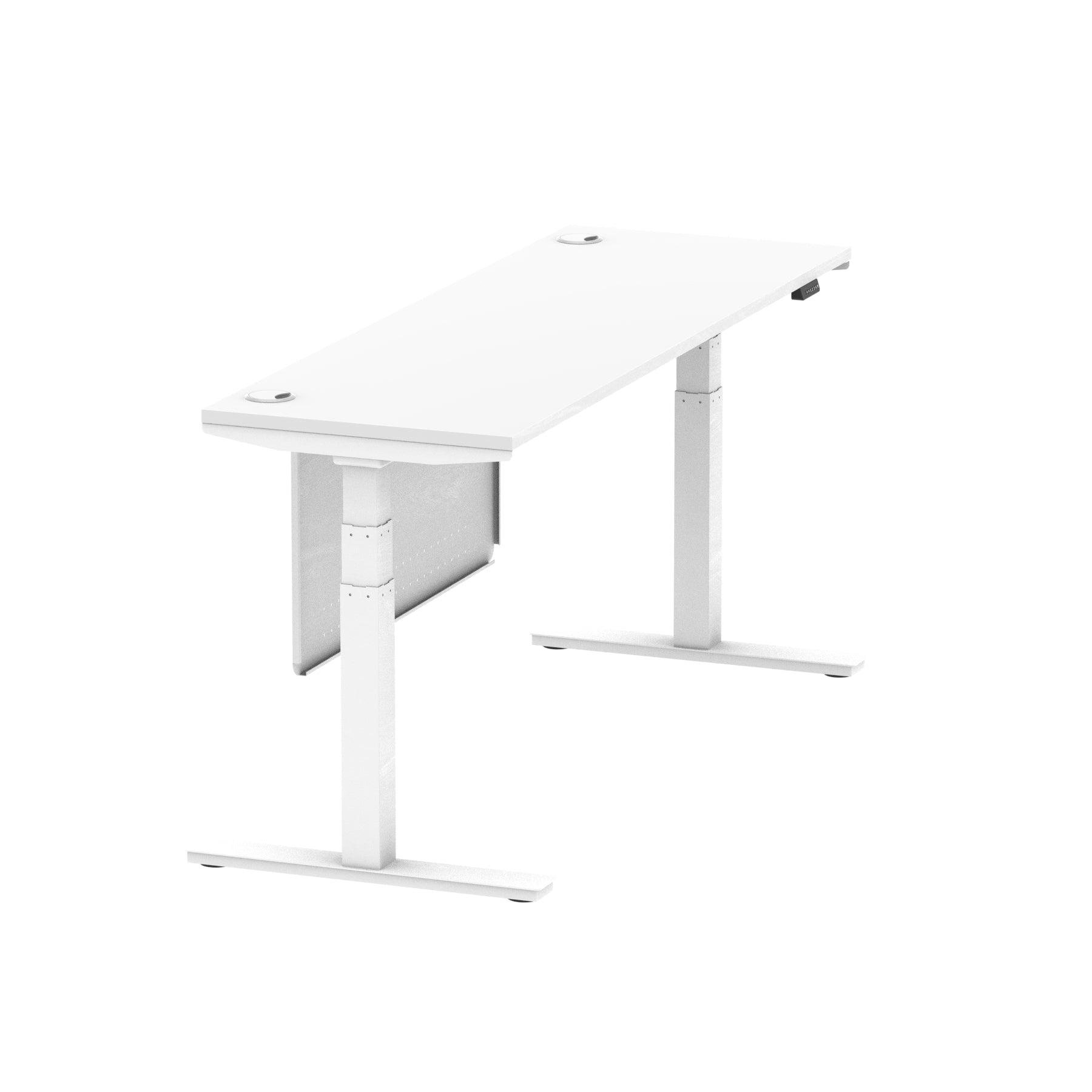 Air Modesty 600mm Height Adjustable Office Desk White Top Cable Ports White Leg With White Steel Modesty Panel - Price Crash Furniture