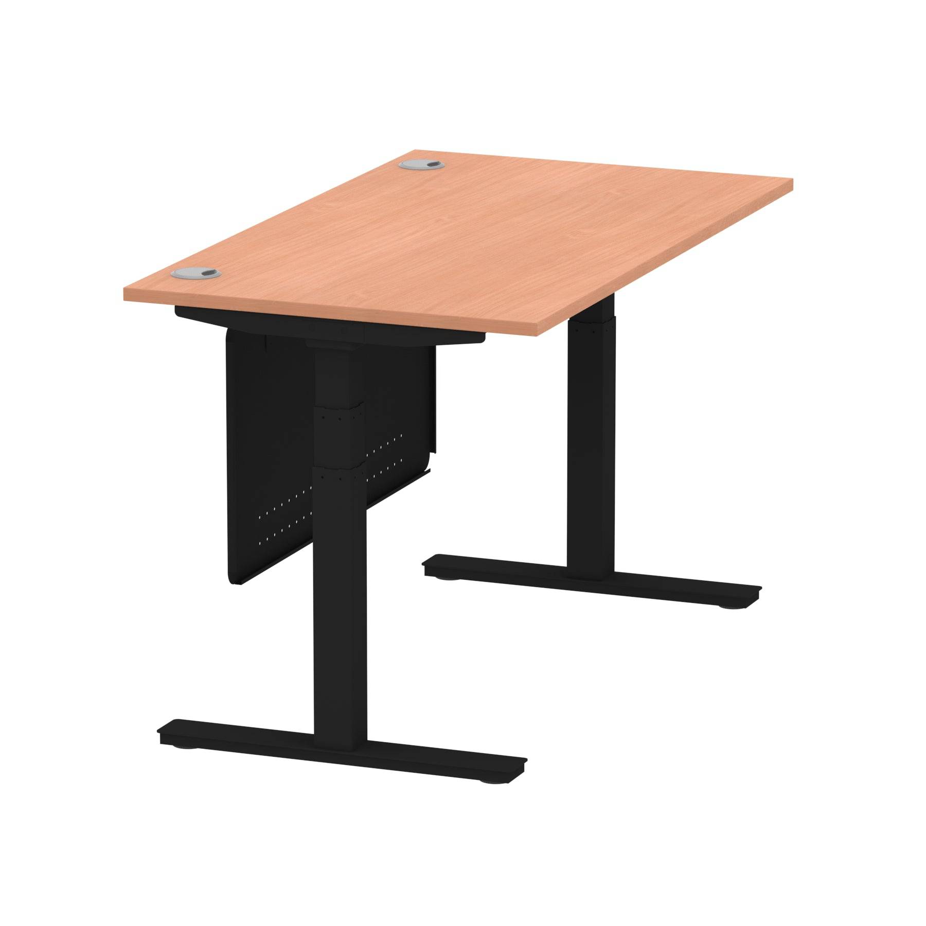 Air Modesty 800mm Height Adjustable Office Desk Beech Top Cable Ports Black Leg With Black Steel Modesty Panel - Price Crash Furniture