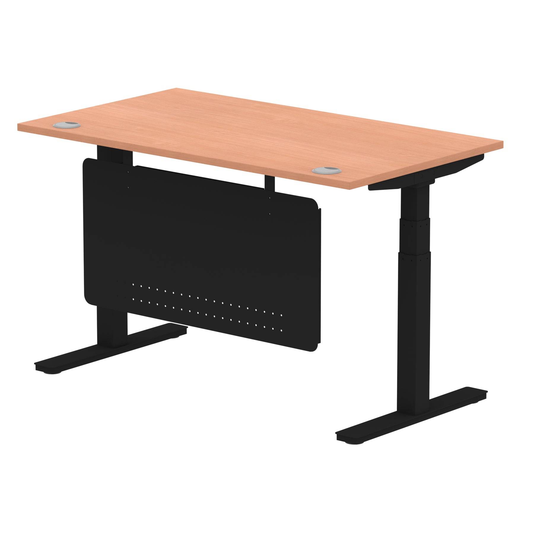 Air Modesty 800mm Height Adjustable Office Desk Beech Top Cable Ports Black Leg With Black Steel Modesty Panel - Price Crash Furniture