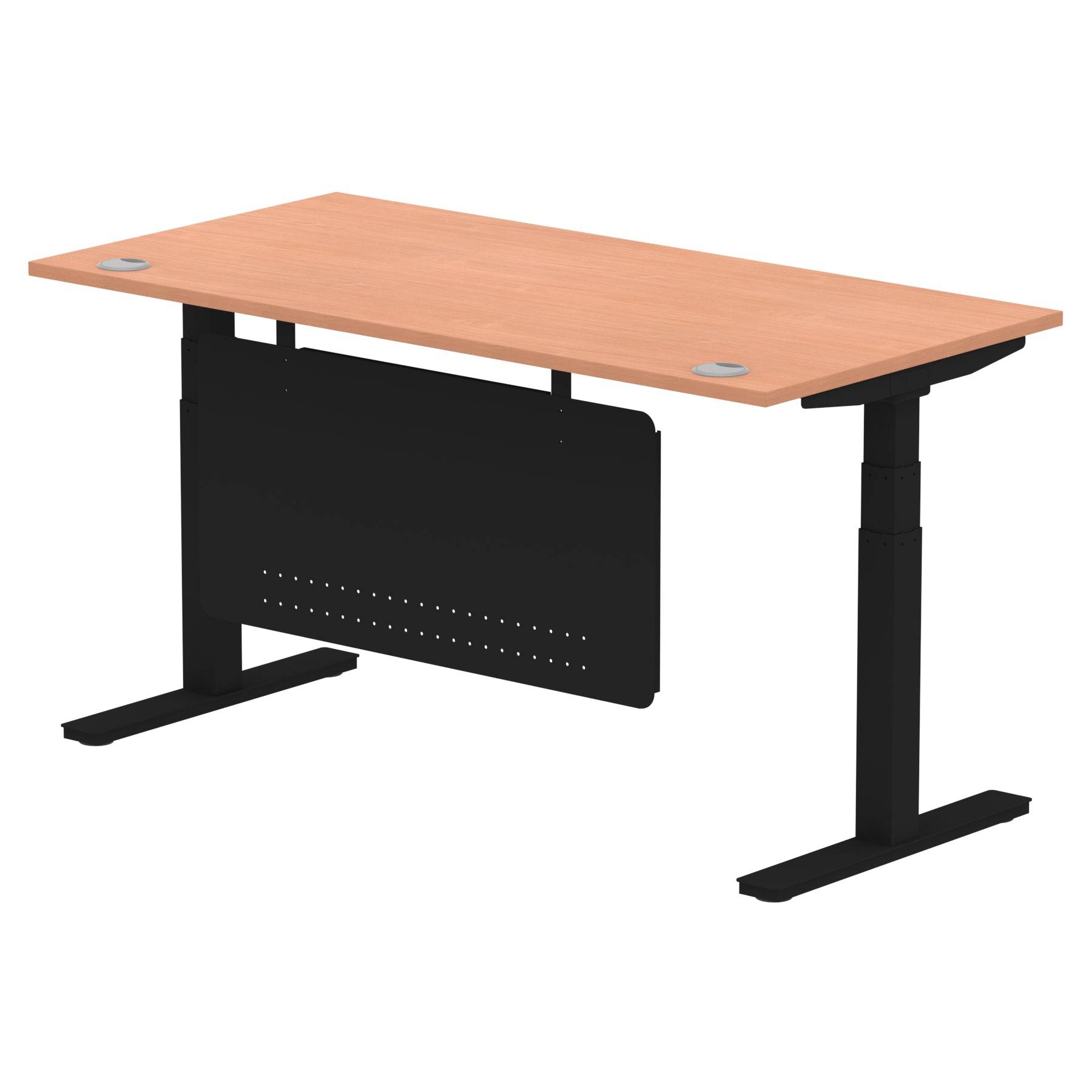 Air Modesty 800mm Height Adjustable Office Desk Beech Top Cable Ports Black Leg With Black Steel Modesty Panel - Price Crash Furniture