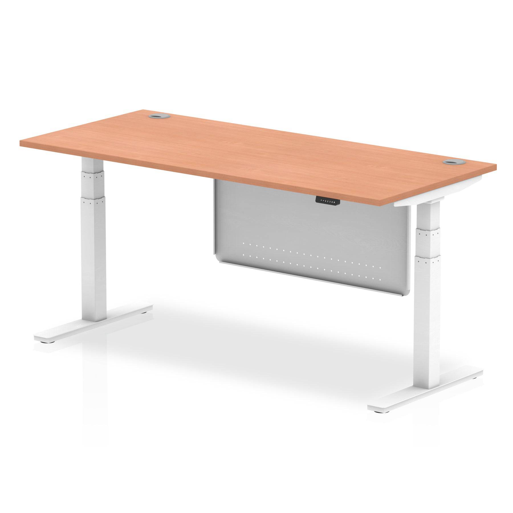 Air Modesty 800mm Height Adjustable Office Desk Beech Top Cable Ports White Leg With White Steel Modesty Panel - Price Crash Furniture