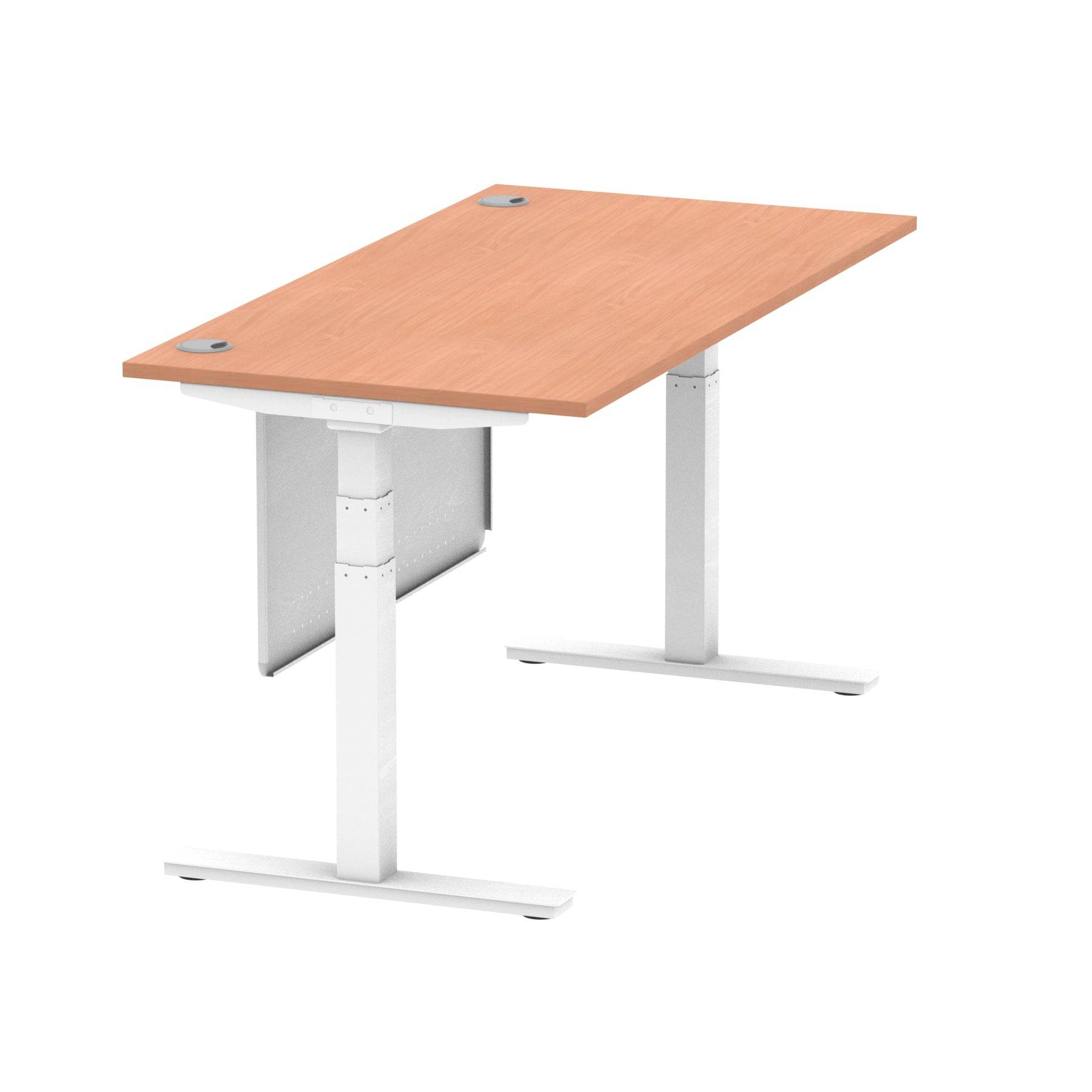 Air Modesty 800mm Height Adjustable Office Desk Beech Top Cable Ports White Leg With White Steel Modesty Panel - Price Crash Furniture