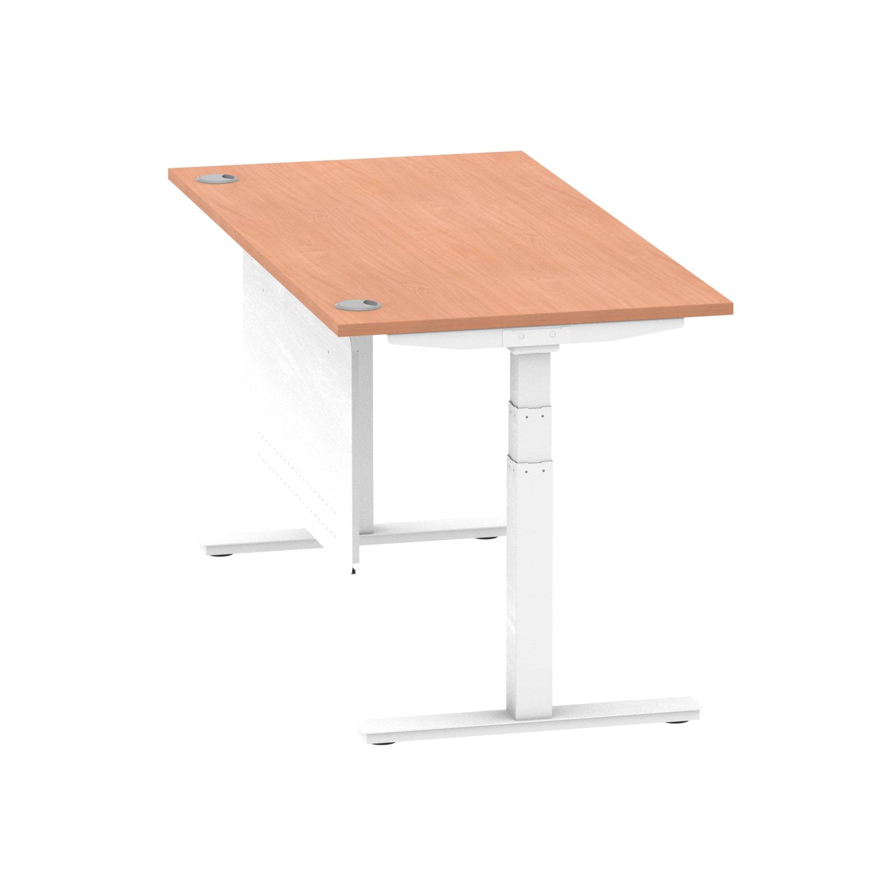 Air Modesty 800mm Height Adjustable Office Desk Beech Top Cable Ports White Leg With White Steel Modesty Panel - Price Crash Furniture