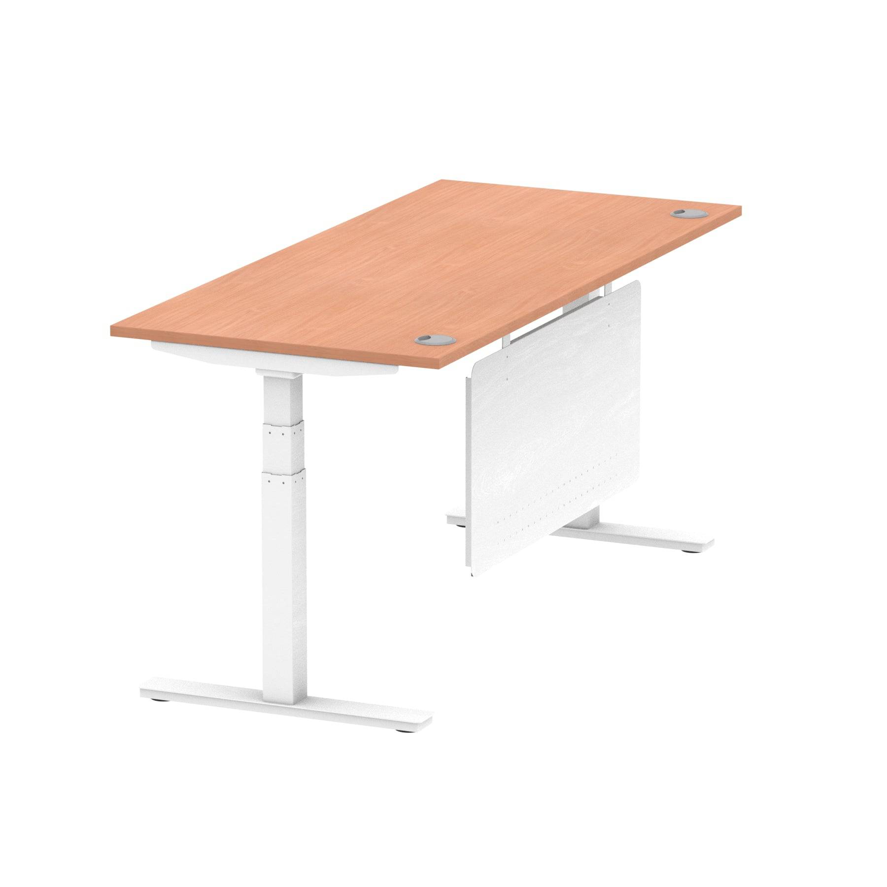 Air Modesty 800mm Height Adjustable Office Desk Beech Top Cable Ports White Leg With White Steel Modesty Panel - Price Crash Furniture