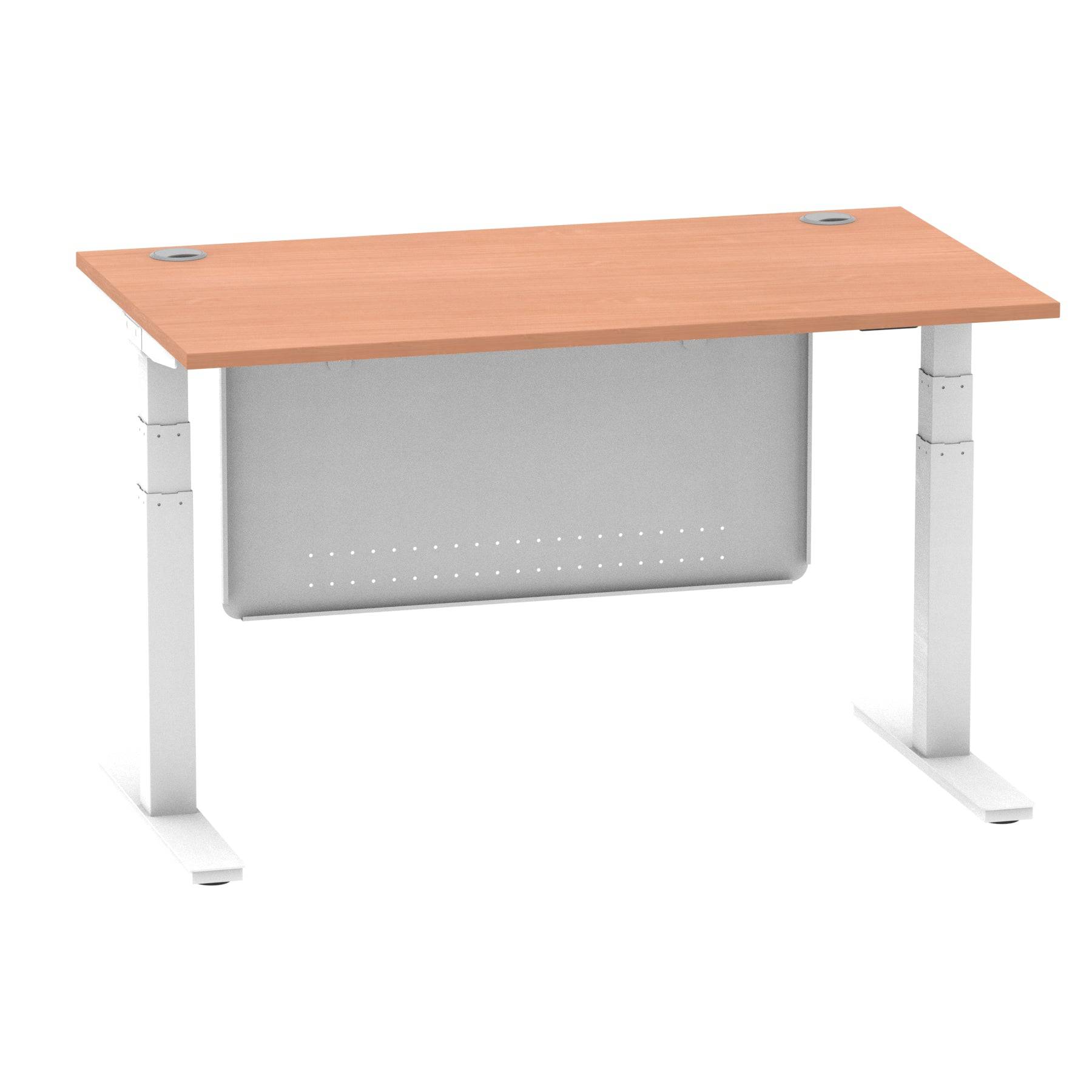 Air Modesty 800mm Height Adjustable Office Desk Beech Top Cable Ports White Leg With White Steel Modesty Panel - Price Crash Furniture