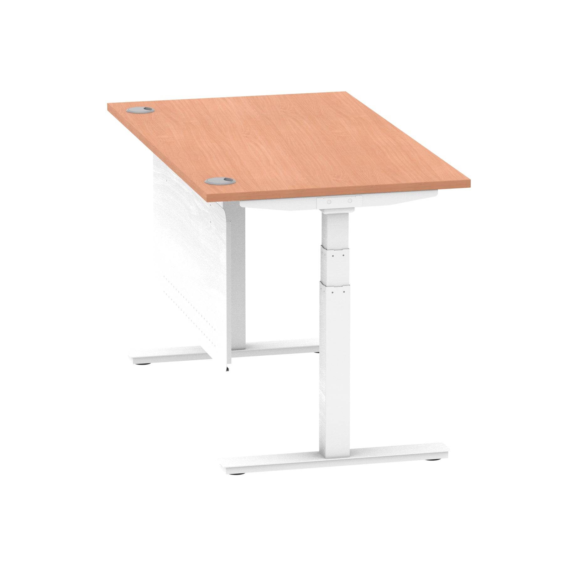 Air Modesty 800mm Height Adjustable Office Desk Beech Top Cable Ports White Leg With White Steel Modesty Panel - Price Crash Furniture