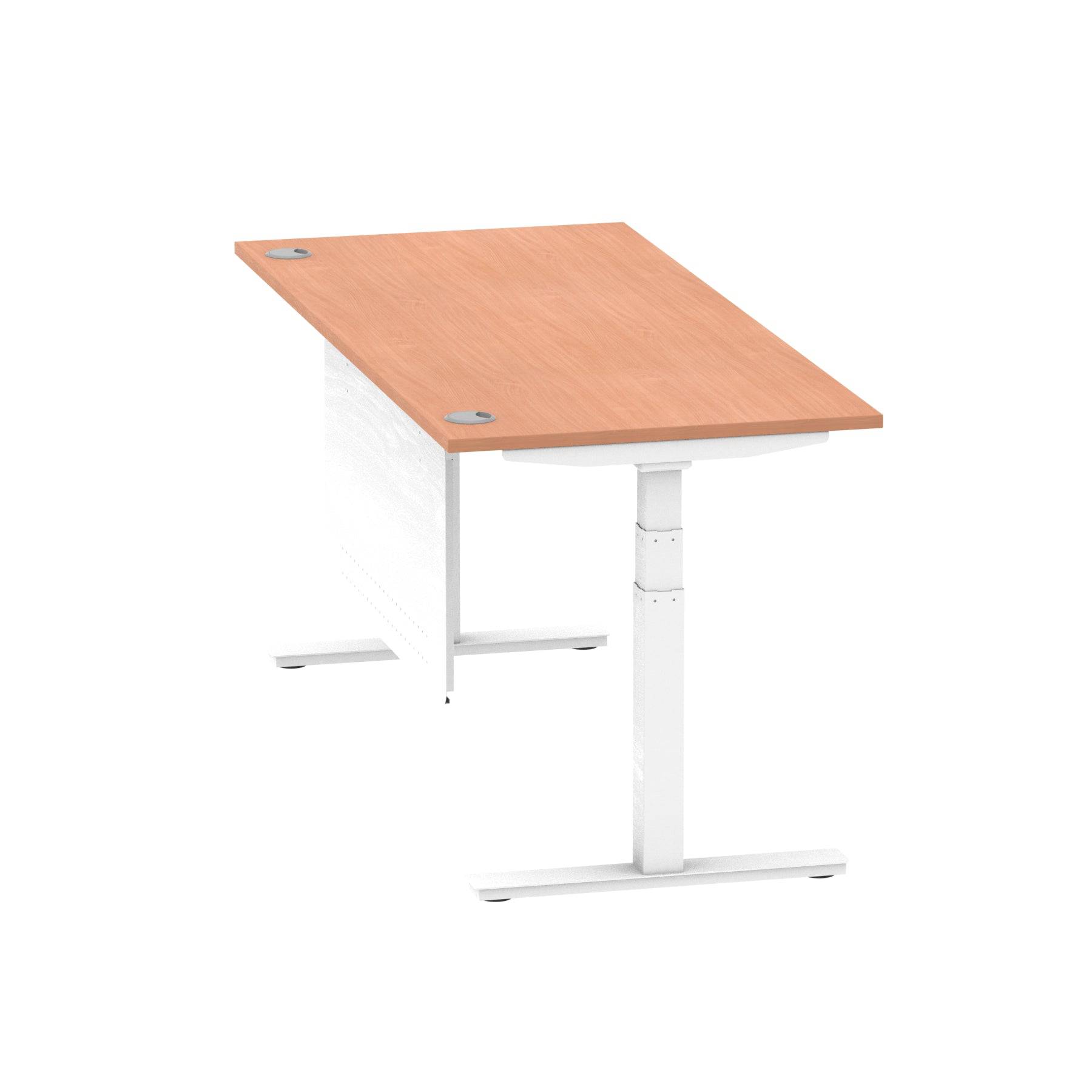 Air Modesty 800mm Height Adjustable Office Desk Beech Top Cable Ports White Leg With White Steel Modesty Panel - Price Crash Furniture