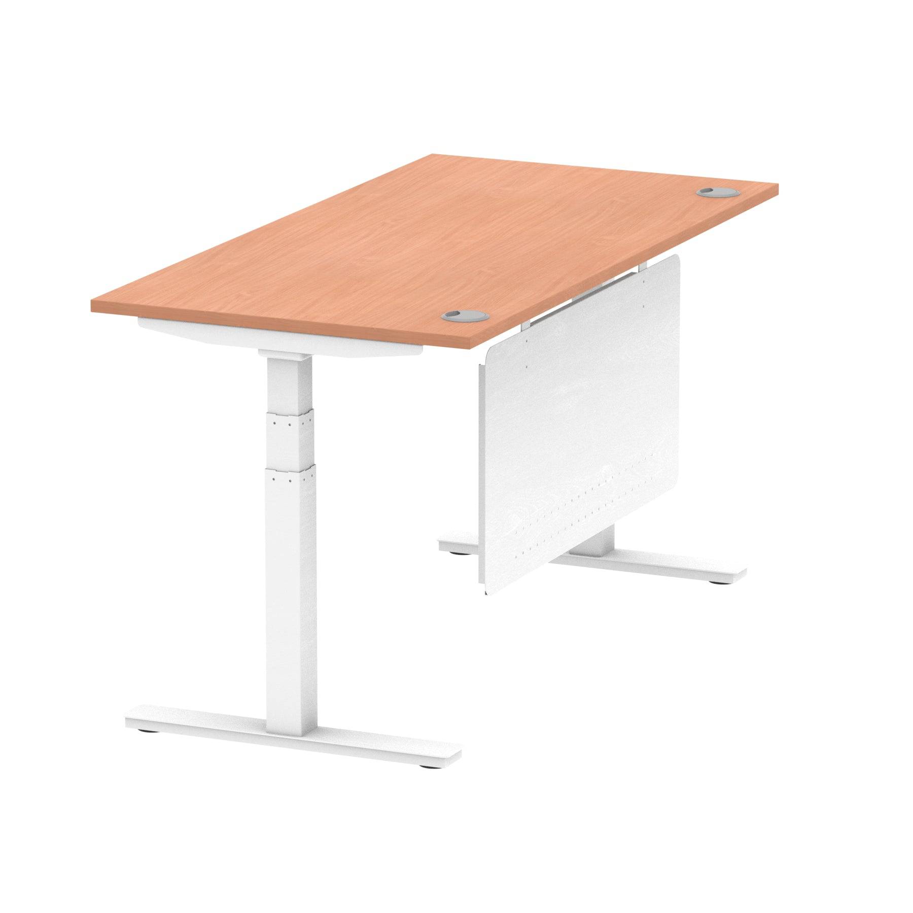 Air Modesty 800mm Height Adjustable Office Desk Beech Top Cable Ports White Leg With White Steel Modesty Panel - Price Crash Furniture