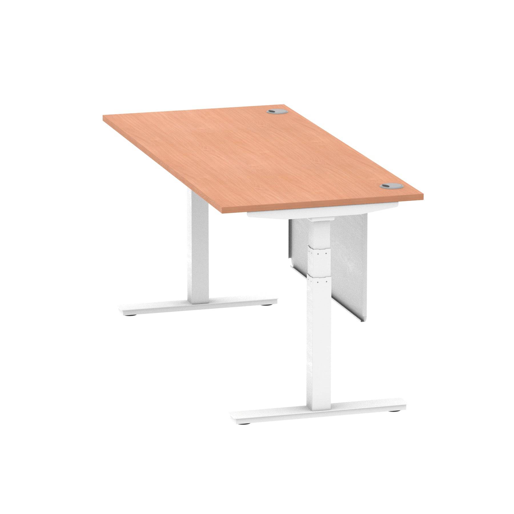 Air Modesty 800mm Height Adjustable Office Desk Beech Top Cable Ports White Leg With White Steel Modesty Panel - Price Crash Furniture