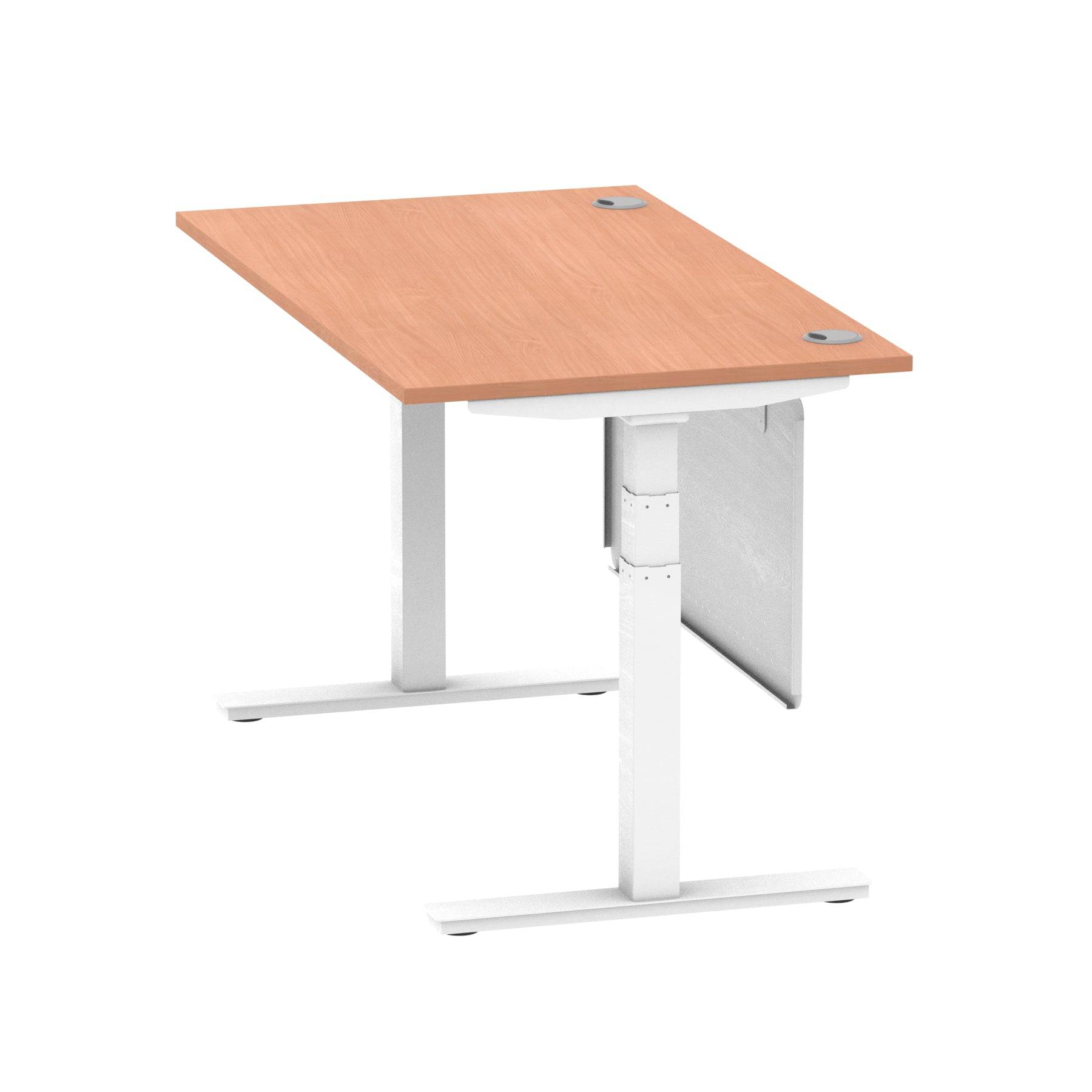 Air Modesty 800mm Height Adjustable Office Desk Beech Top Cable Ports White Leg With White Steel Modesty Panel - Price Crash Furniture