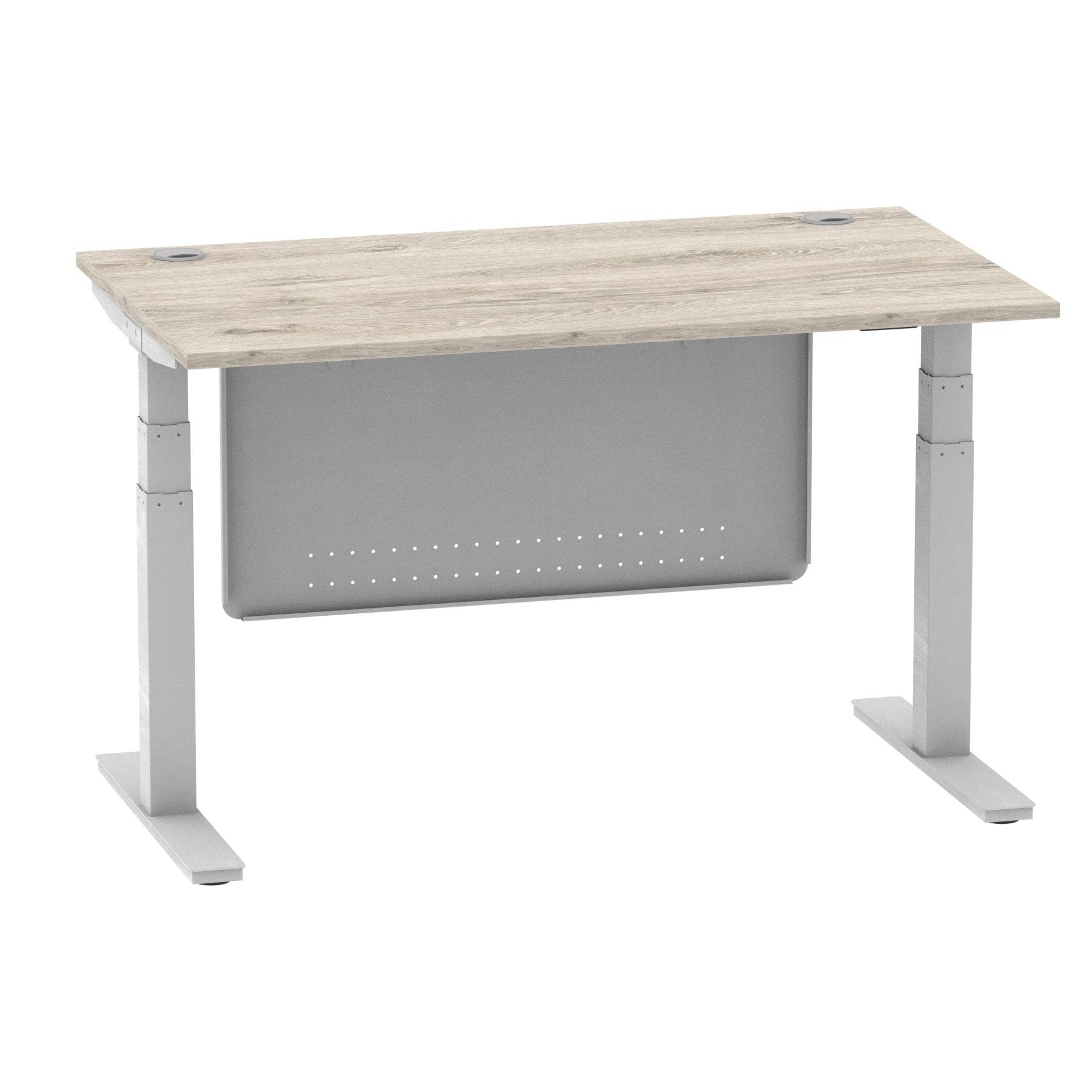 Air Modesty 800mm Height Adjustable Office Desk Grey Oak Top Cable Ports Silver Leg With Silver Steel Modesty Panel - Price Crash Furniture