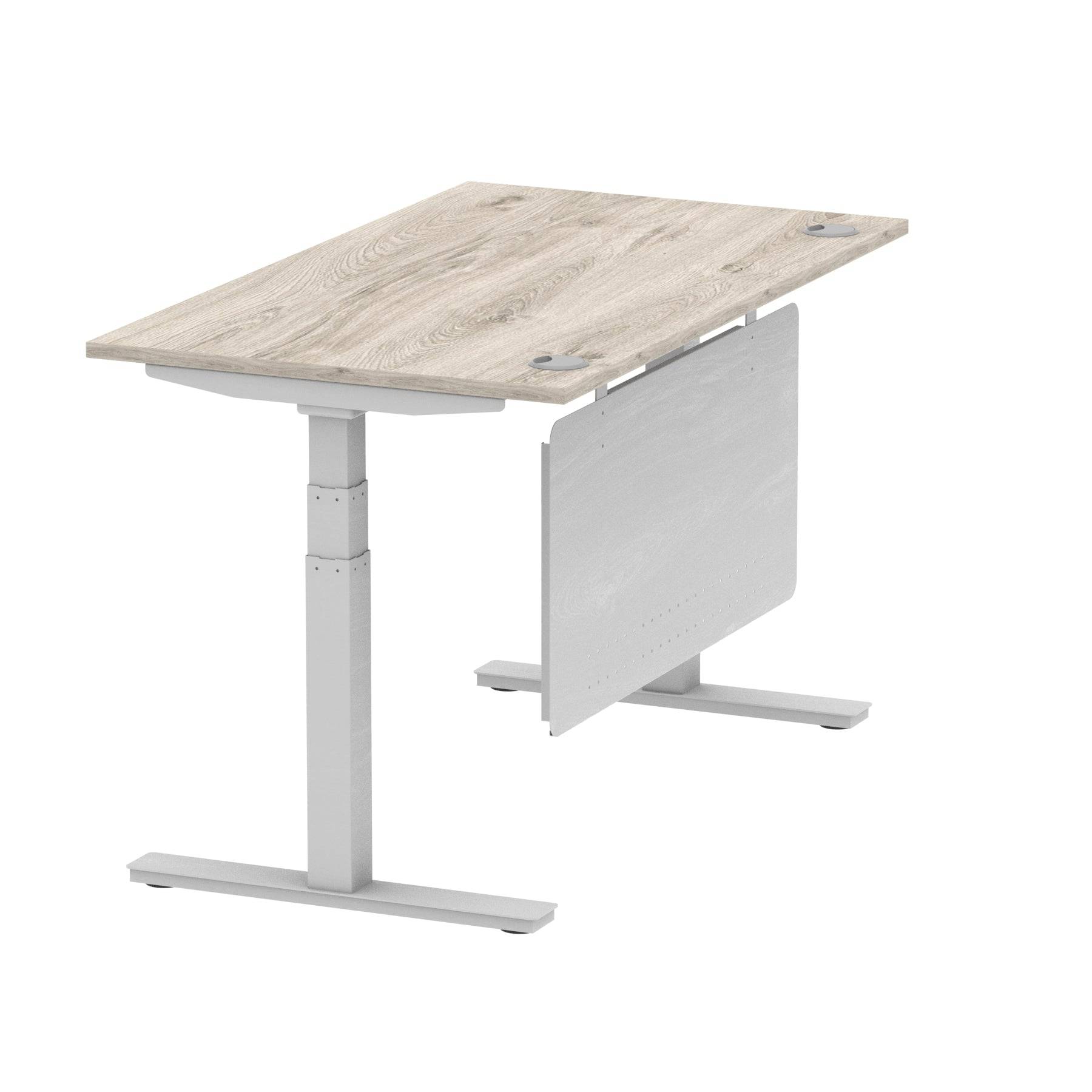 Air Modesty 800mm Height Adjustable Office Desk Grey Oak Top Cable Ports Silver Leg With Silver Steel Modesty Panel - Price Crash Furniture