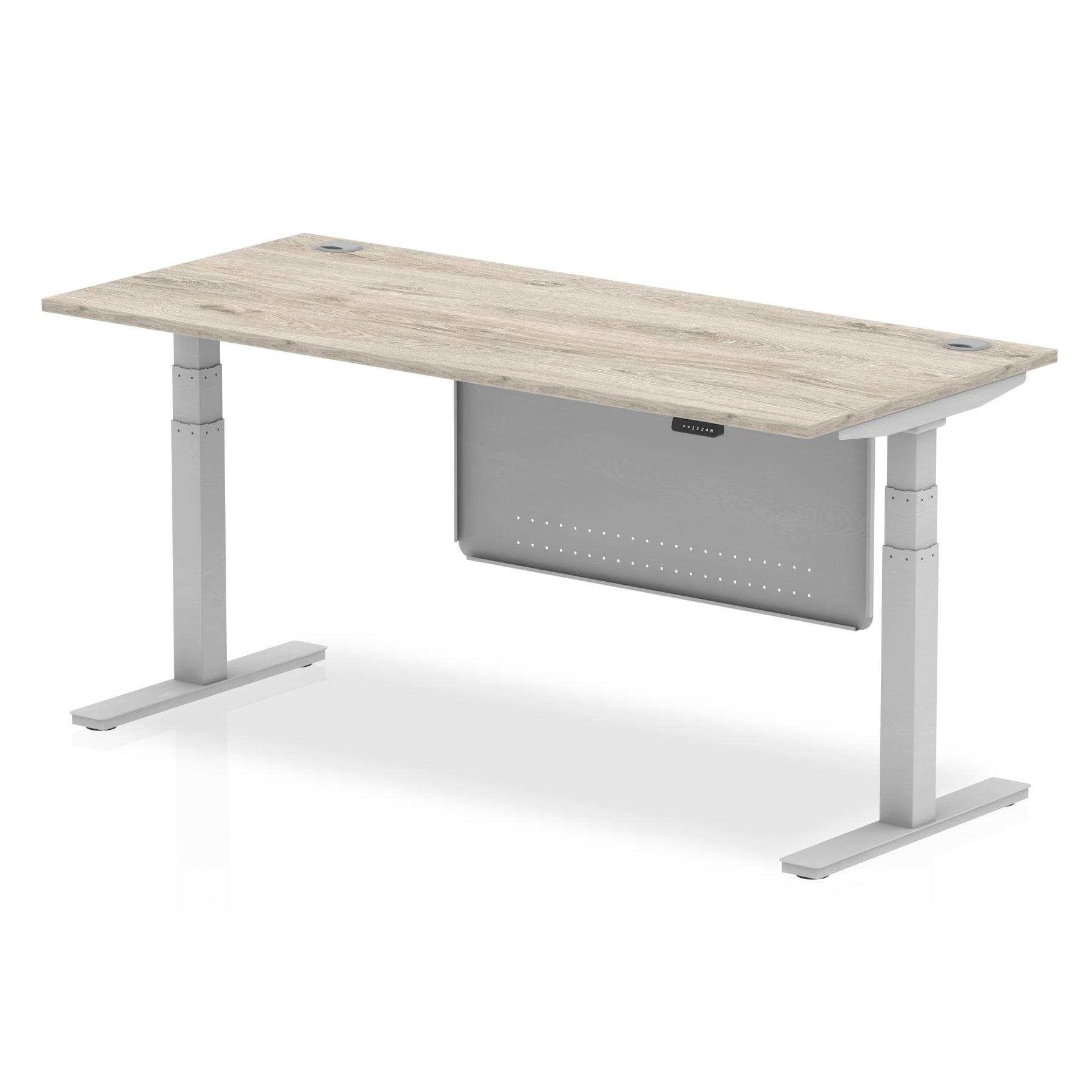 Air Modesty 800mm Height Adjustable Office Desk Grey Oak Top Cable Ports Silver Leg With Silver Steel Modesty Panel - Price Crash Furniture