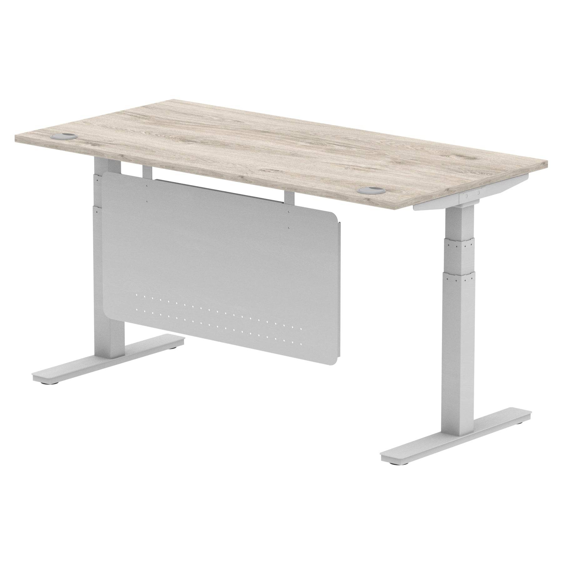 Air Modesty 800mm Height Adjustable Office Desk Grey Oak Top Cable Ports Silver Leg With Silver Steel Modesty Panel - Price Crash Furniture