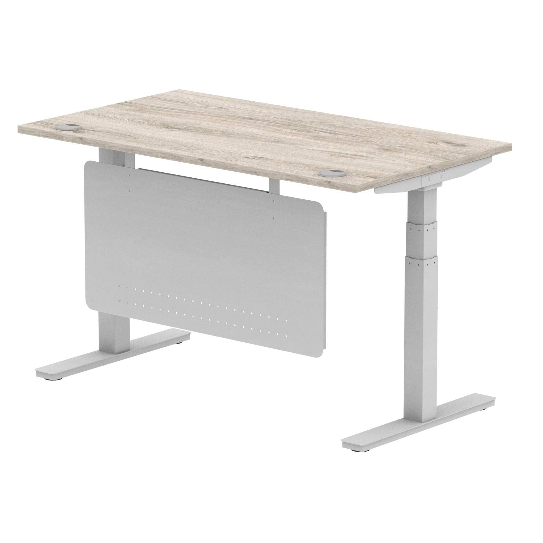 Air Modesty 800mm Height Adjustable Office Desk Grey Oak Top Cable Ports Silver Leg With Silver Steel Modesty Panel - Price Crash Furniture