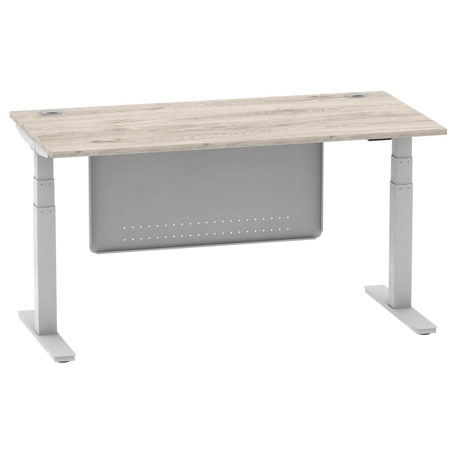 Air Modesty 800mm Height Adjustable Office Desk Grey Oak Top Cable Ports Silver Leg With Silver Steel Modesty Panel - Price Crash Furniture