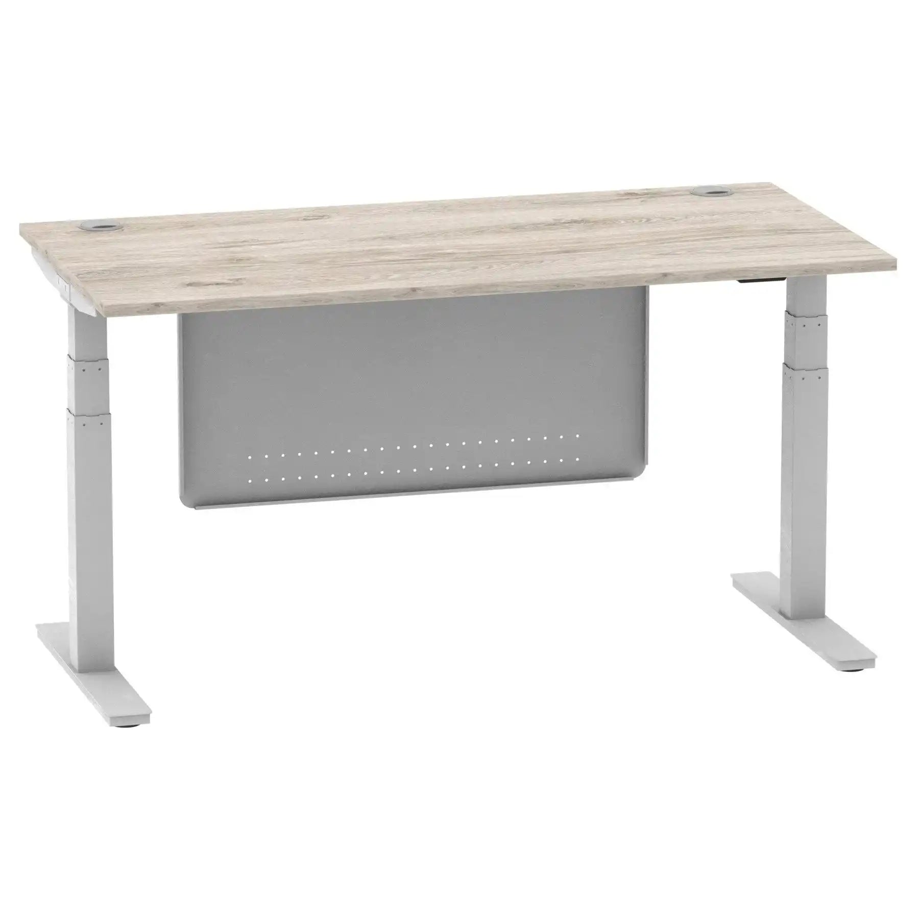 Air Modesty 800mm Height Adjustable Office Desk Grey Oak Top Cable Ports Silver Leg With Silver Steel Modesty Panel - Price Crash Furniture