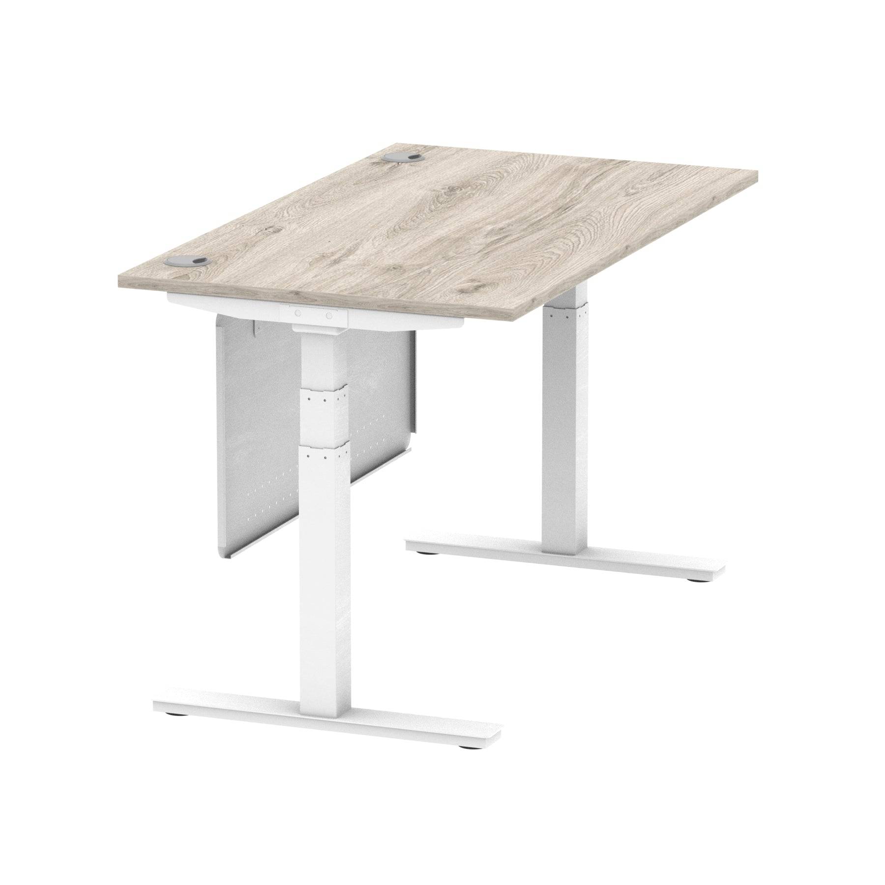 Air Modesty 800mm Height Adjustable Office Desk Grey Oak Top Cable Ports White Leg With White Steel Modesty Panel - Price Crash Furniture