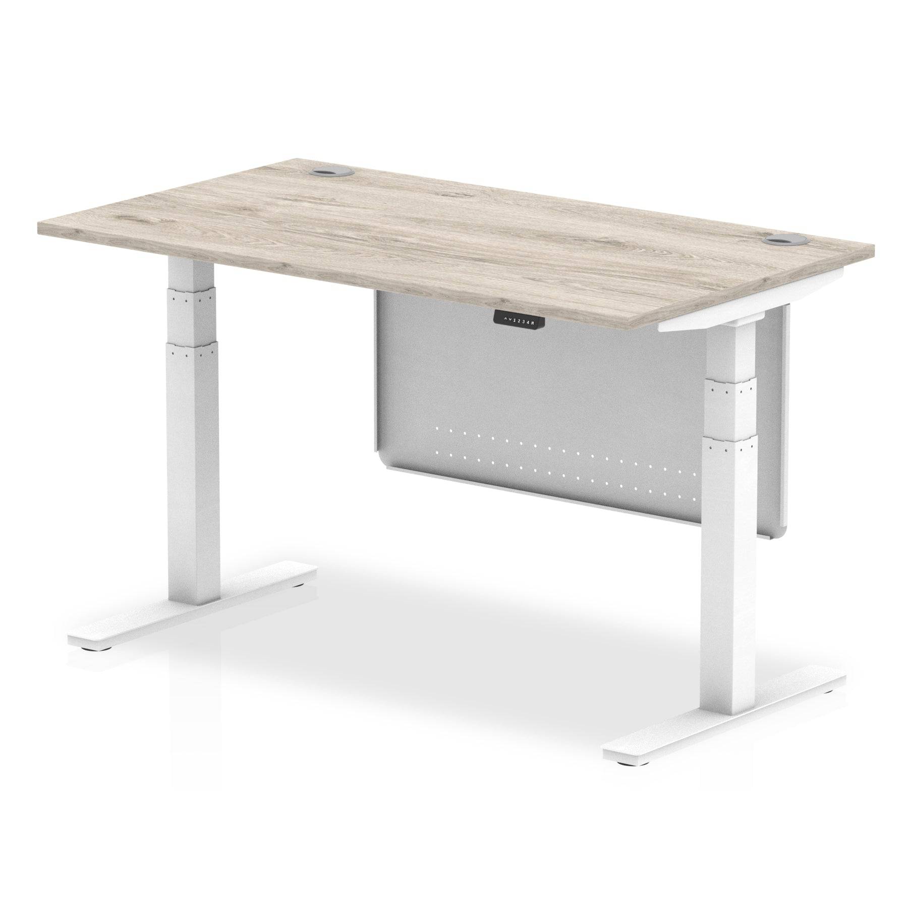 Air Modesty 800mm Height Adjustable Office Desk Grey Oak Top Cable Ports White Leg With White Steel Modesty Panel - Price Crash Furniture